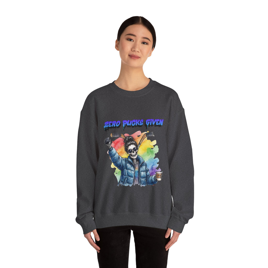 Zero Pucks Given Skeleton Hockey Player Crewneck sweatshirt | Rainbow Graphic