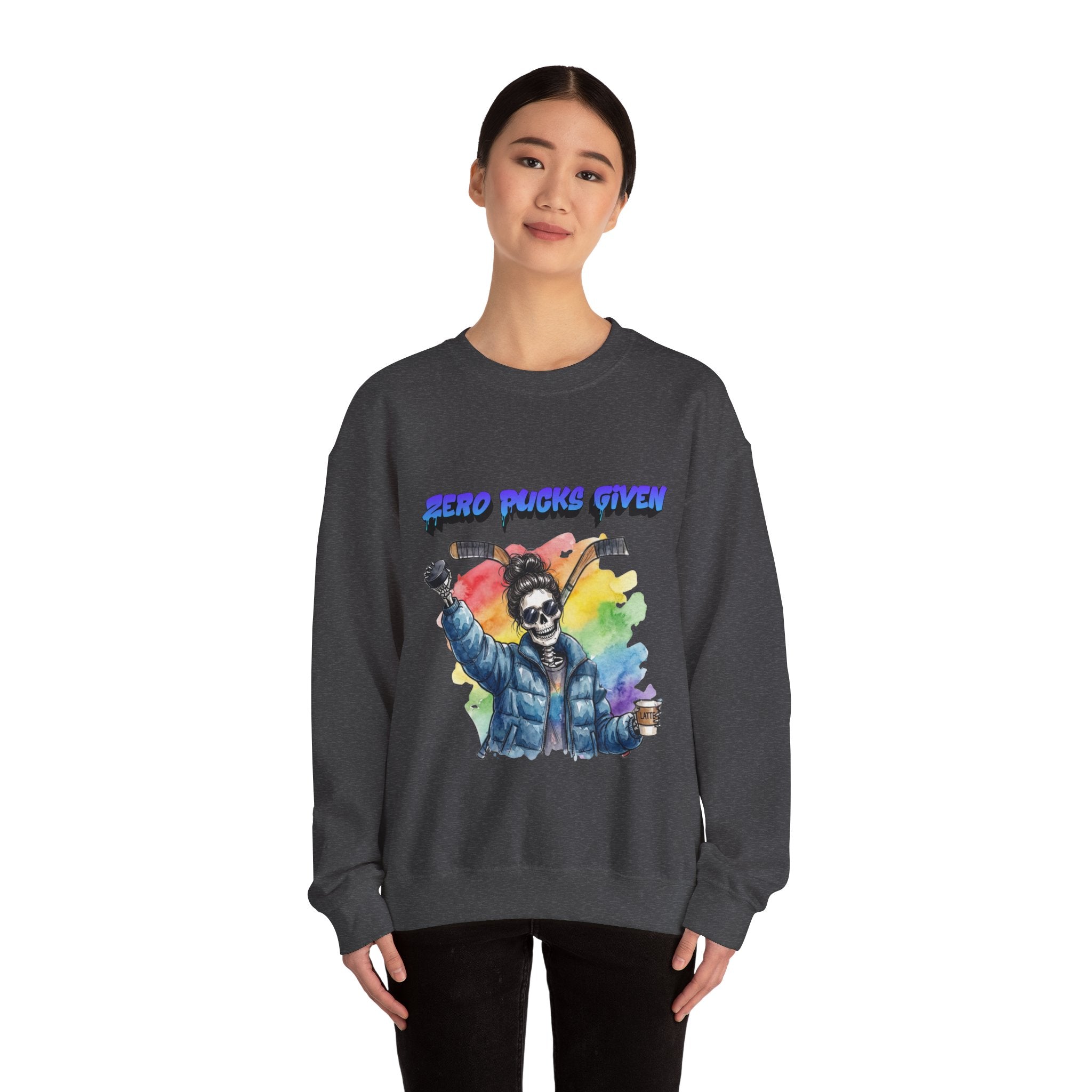 Zero Pucks Given Skeleton Hockey Player Crewneck sweatshirt | Rainbow Graphic