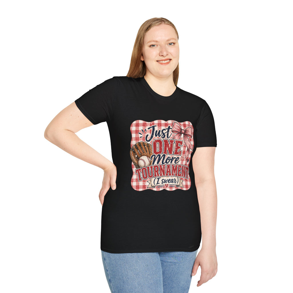 Preppy Travel Baseball Mom Shirt, Just One More Tournament Tee, Cute Girly Sports Mom Graphic, Game Day Outfit Shirt, Bow Baseball Tee