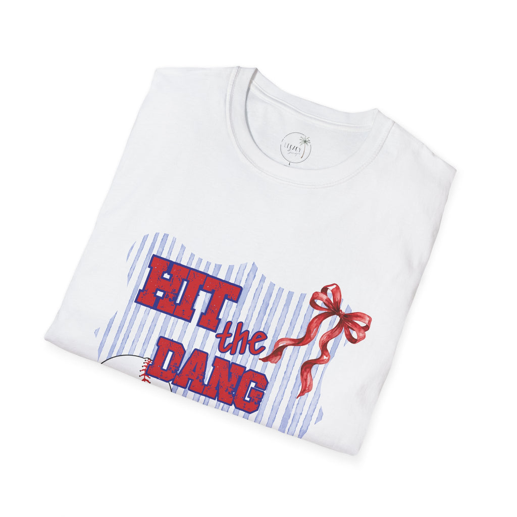 Preppy Hit the Dang Ball T-Shirt | Girly Baseball Graphic, Red White Blue Stripes