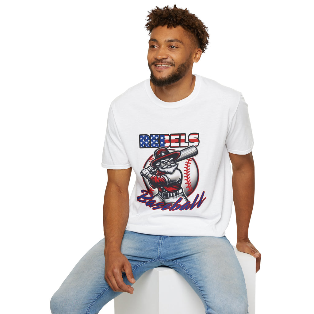 Rebels Baseball T-Shirt | Mascot Batter with American Flag Text