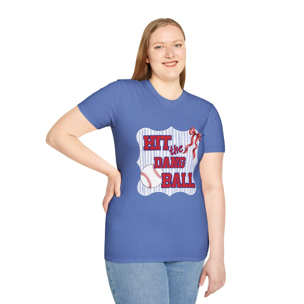 Preppy Hit the Dang Ball T-Shirt | Girly Baseball Graphic, Red White Blue Stripes