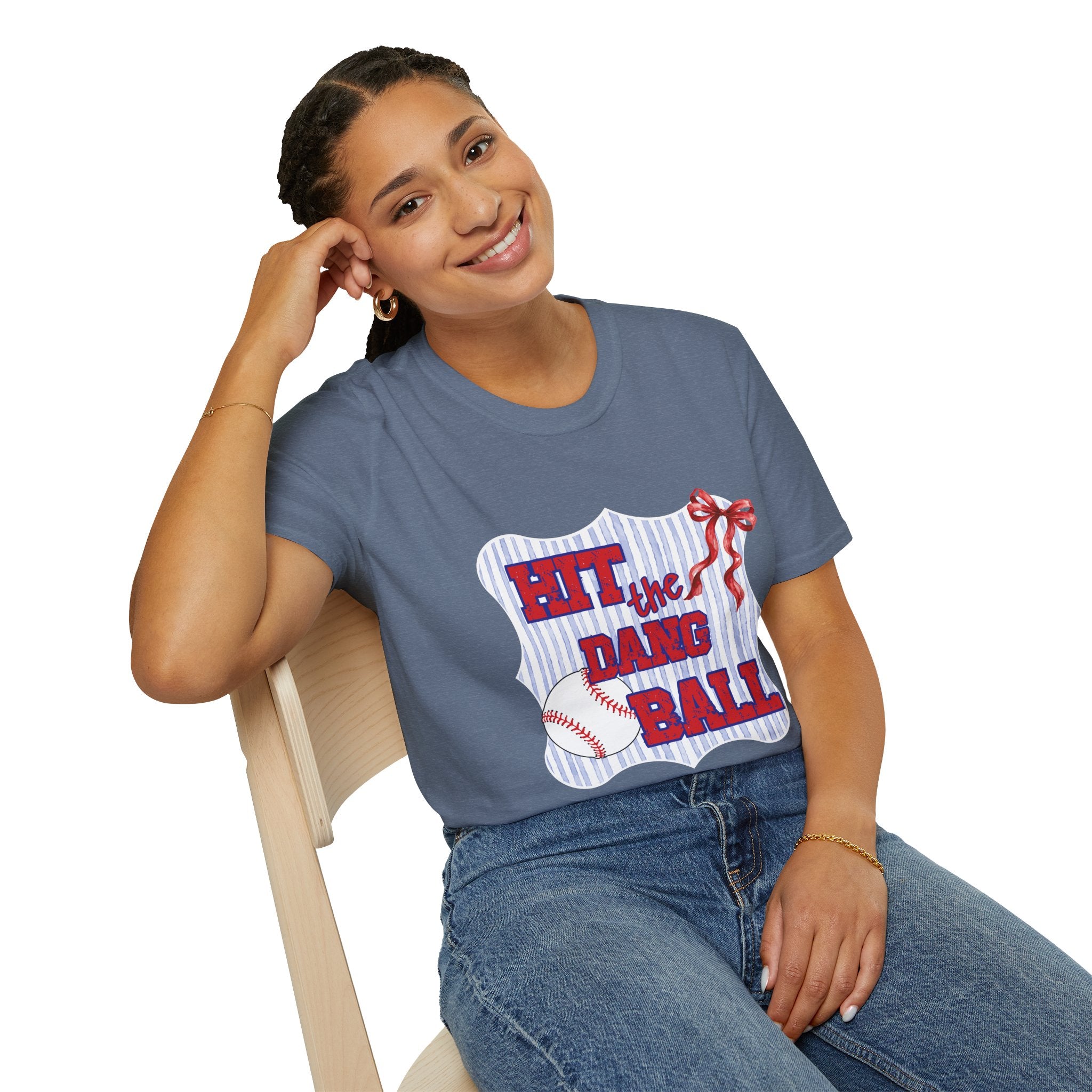Preppy Hit the Dang Ball T-Shirt | Girly Baseball Graphic, Red White Blue Stripes