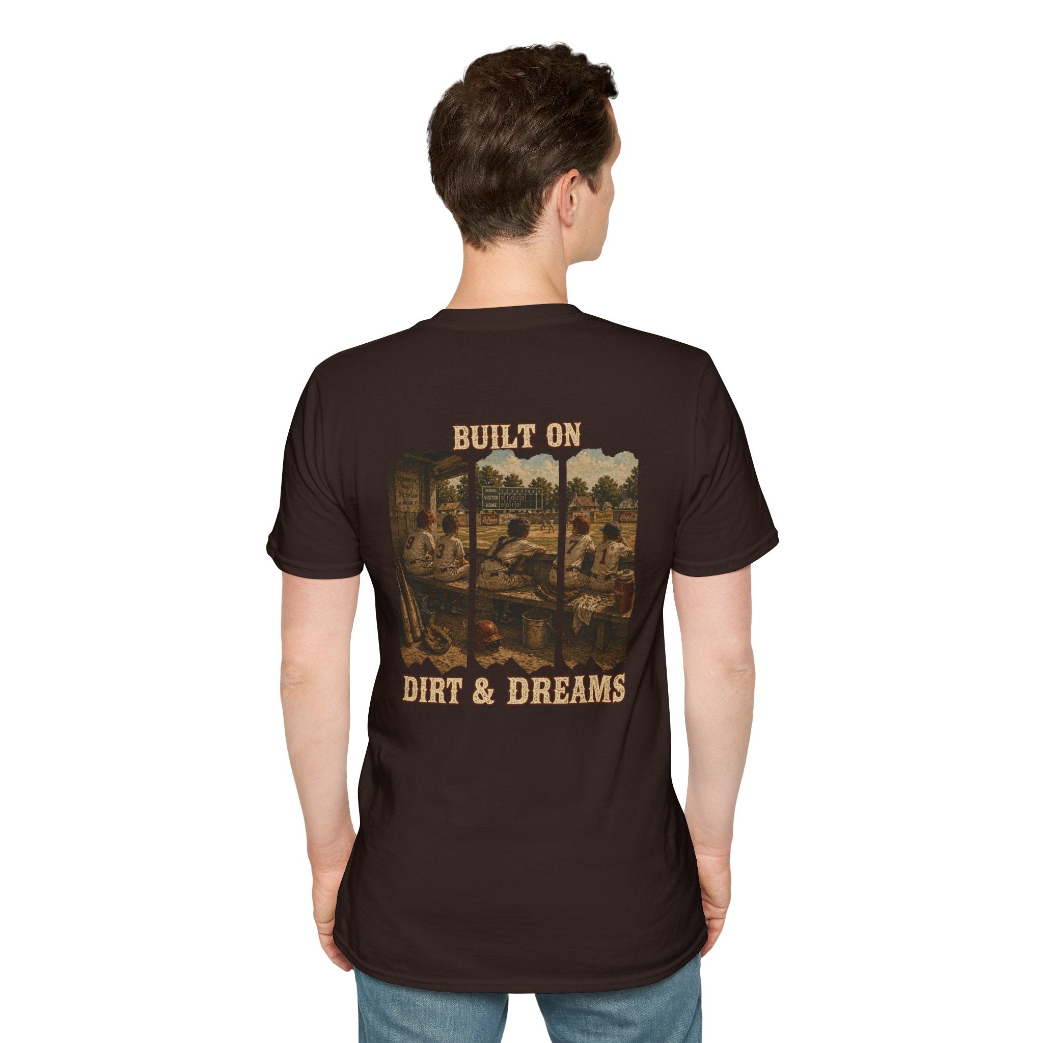 Vintage Baseball Shirt Built on Dirt and Dreams, Nostalgic Baseball Graphic Tee, Classic Fan Shirt, Dugout Scene Tee, Game Day Shirt