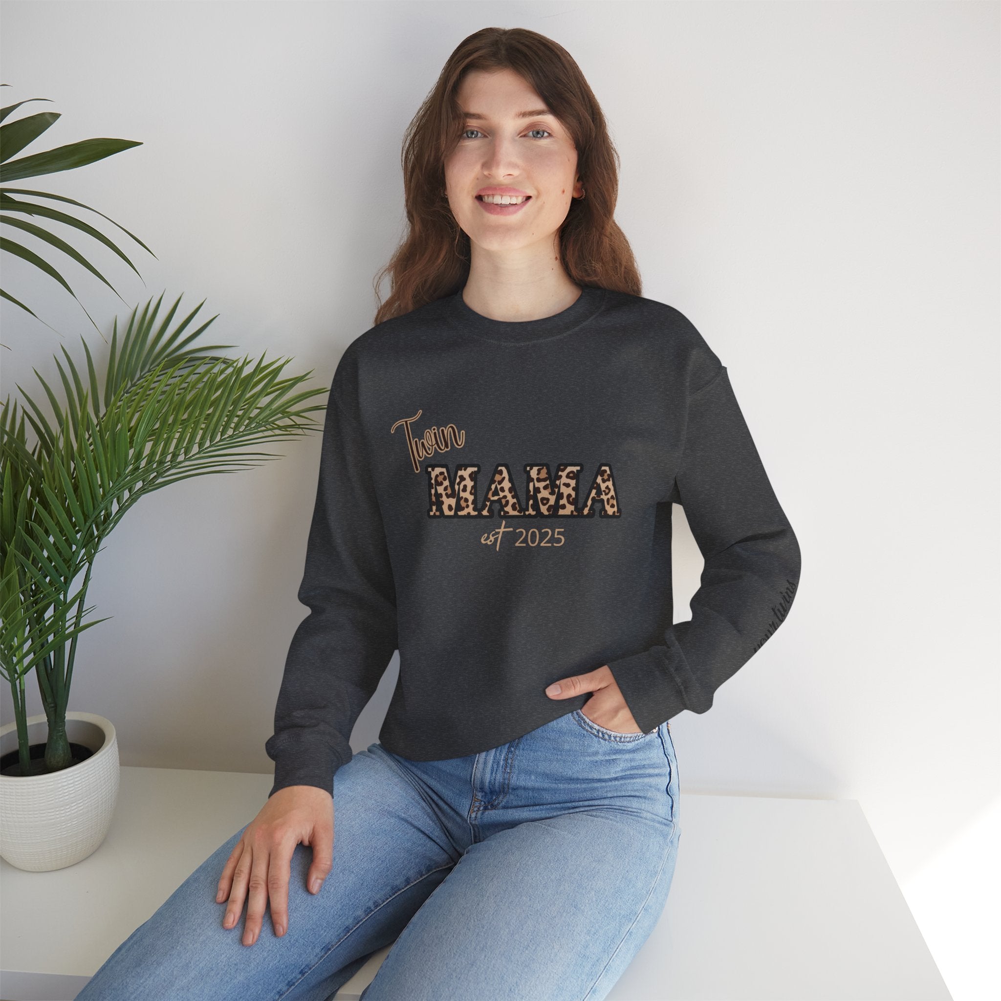 Twin Mama crewneck sweatshirt Customizable| Leopard print MAMA, est. 2025, name sleeve