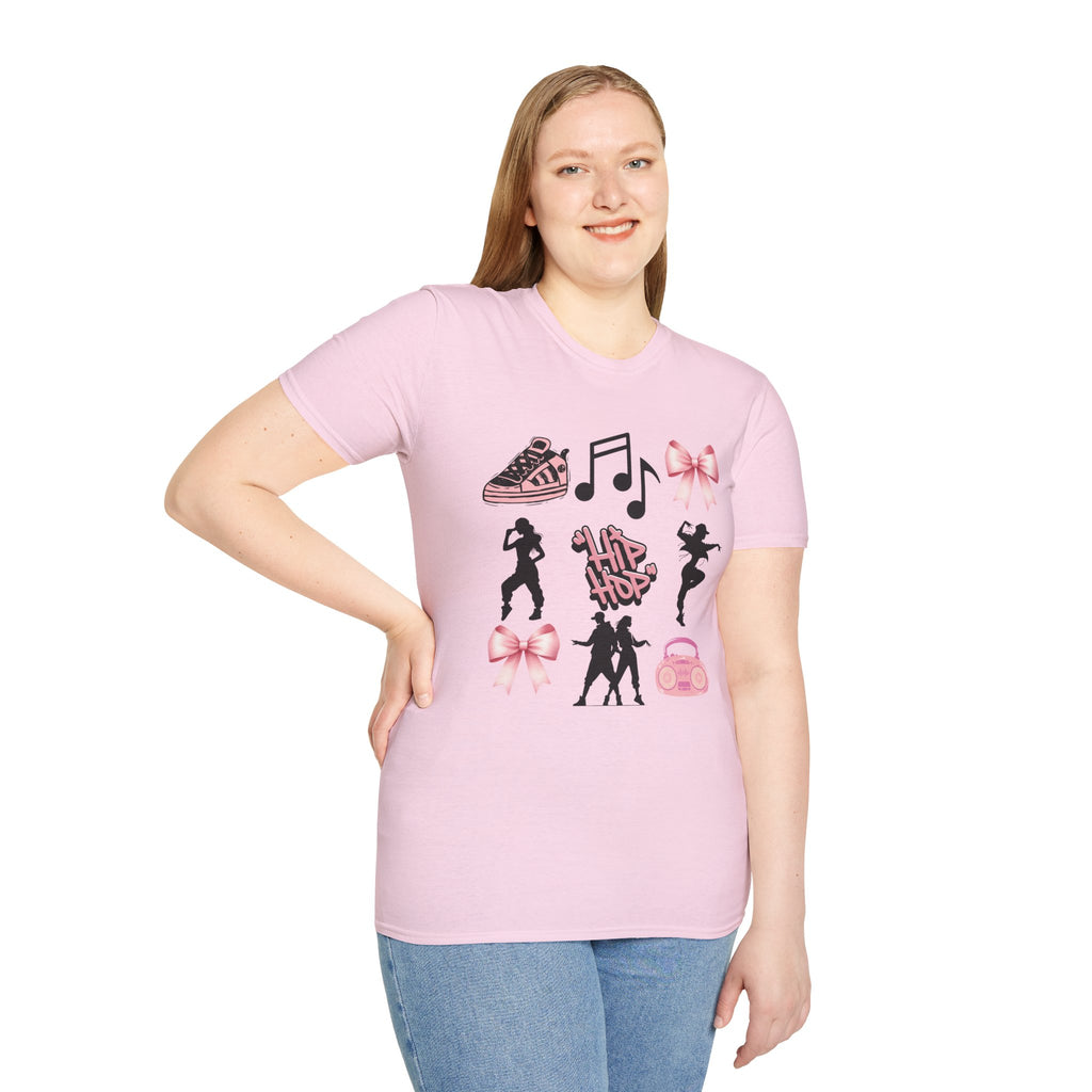 Hip Hop Dance Icons T‑Shirt — Pink Bows, Boombox & Sneaker Graphic