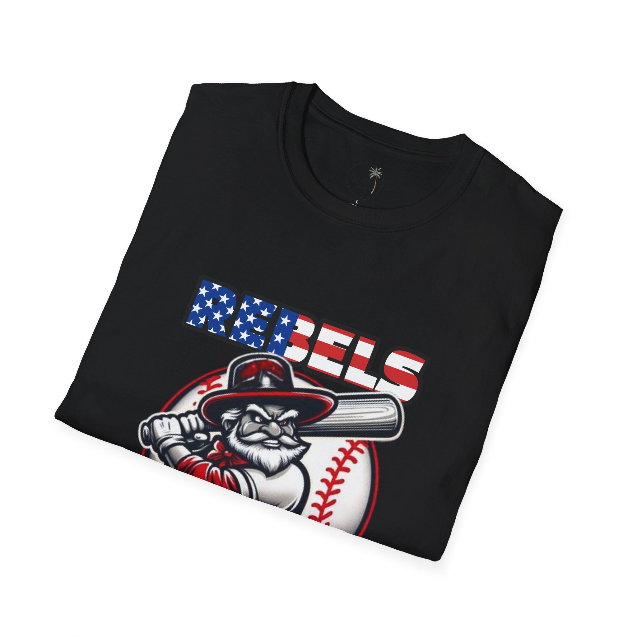 Rebels Baseball T-Shirt | Mascot Batter with American Flag Text