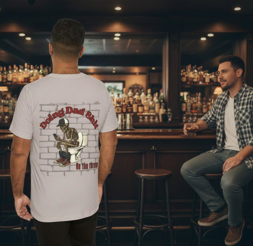 Doing Dad Shit Funny Skeleton T-Shirt | Mens Graphic Tee | Dad Humor Shirt | On the Throne Toilet Tee Gift for Fathers