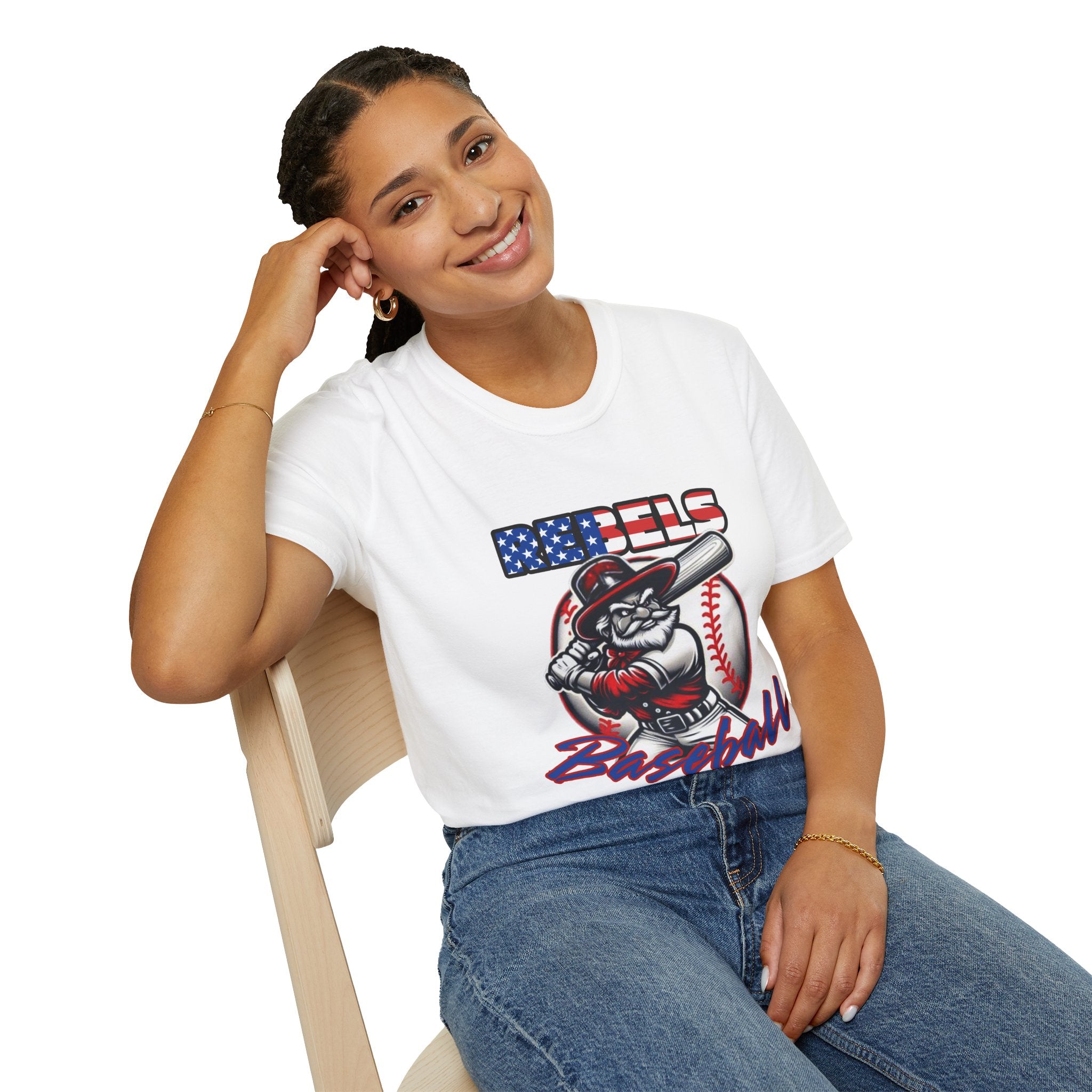 Rebels Baseball T-Shirt | Mascot Batter with American Flag Text