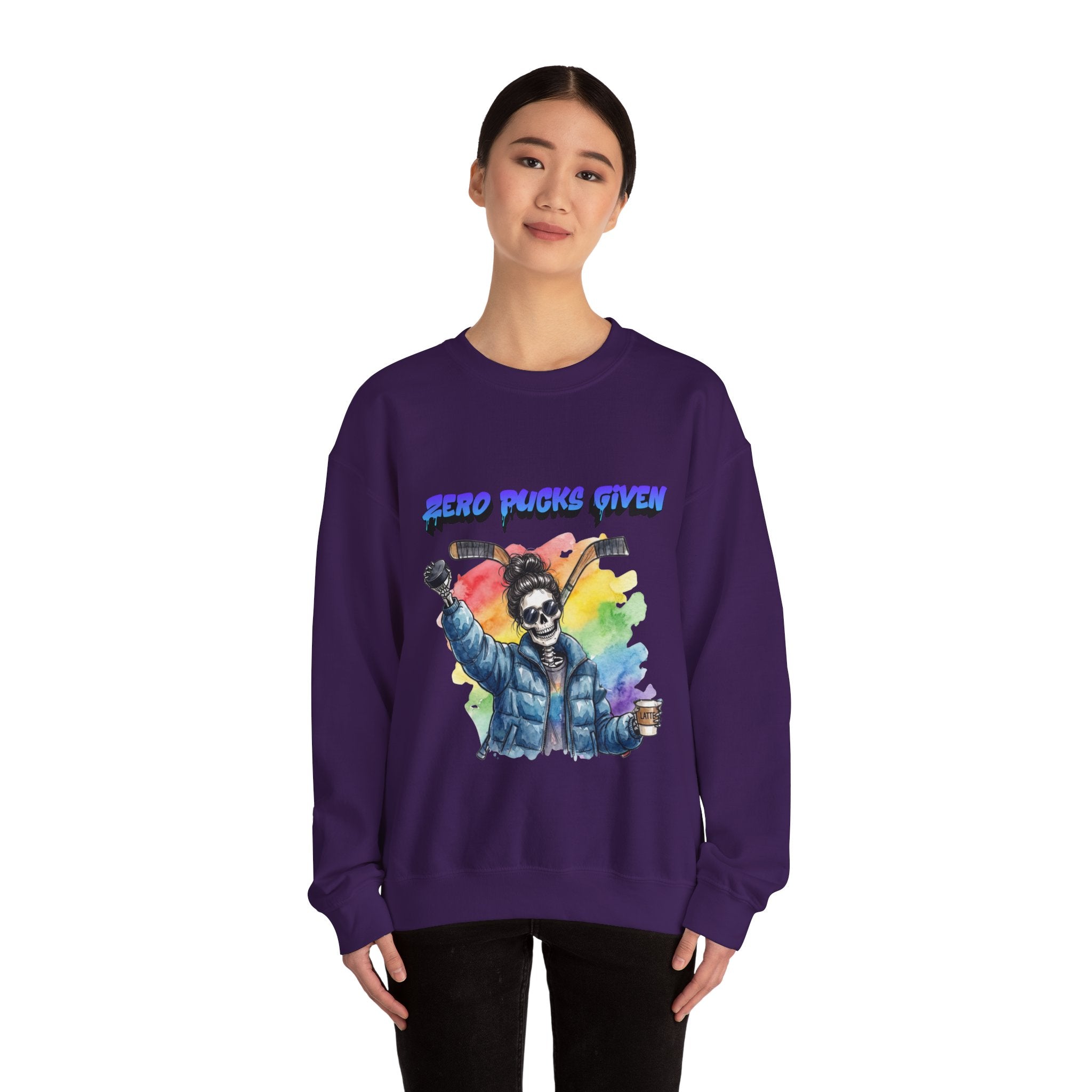 Zero Pucks Given Skeleton Hockey Player Crewneck sweatshirt | Rainbow Graphic