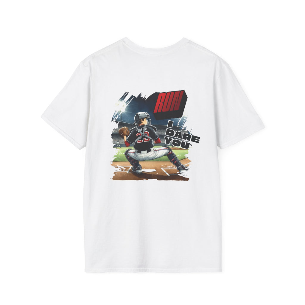 Run I Dare You' Back Graphic Baseball Runner T-Shirt Youth Player Illustration
