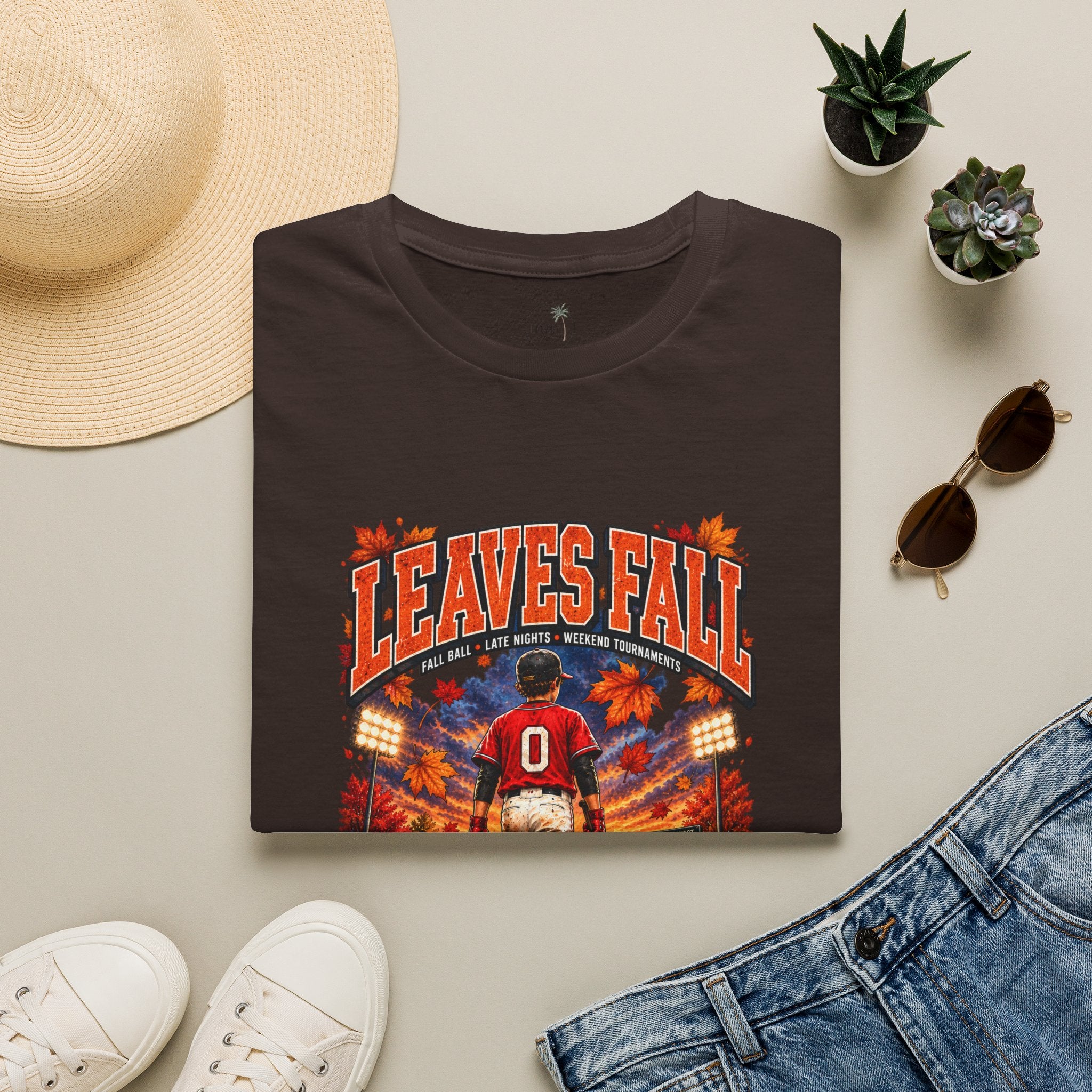 Leaves Fall We Ball Baseball Player T-Shirt | Autumn Sports Graphic