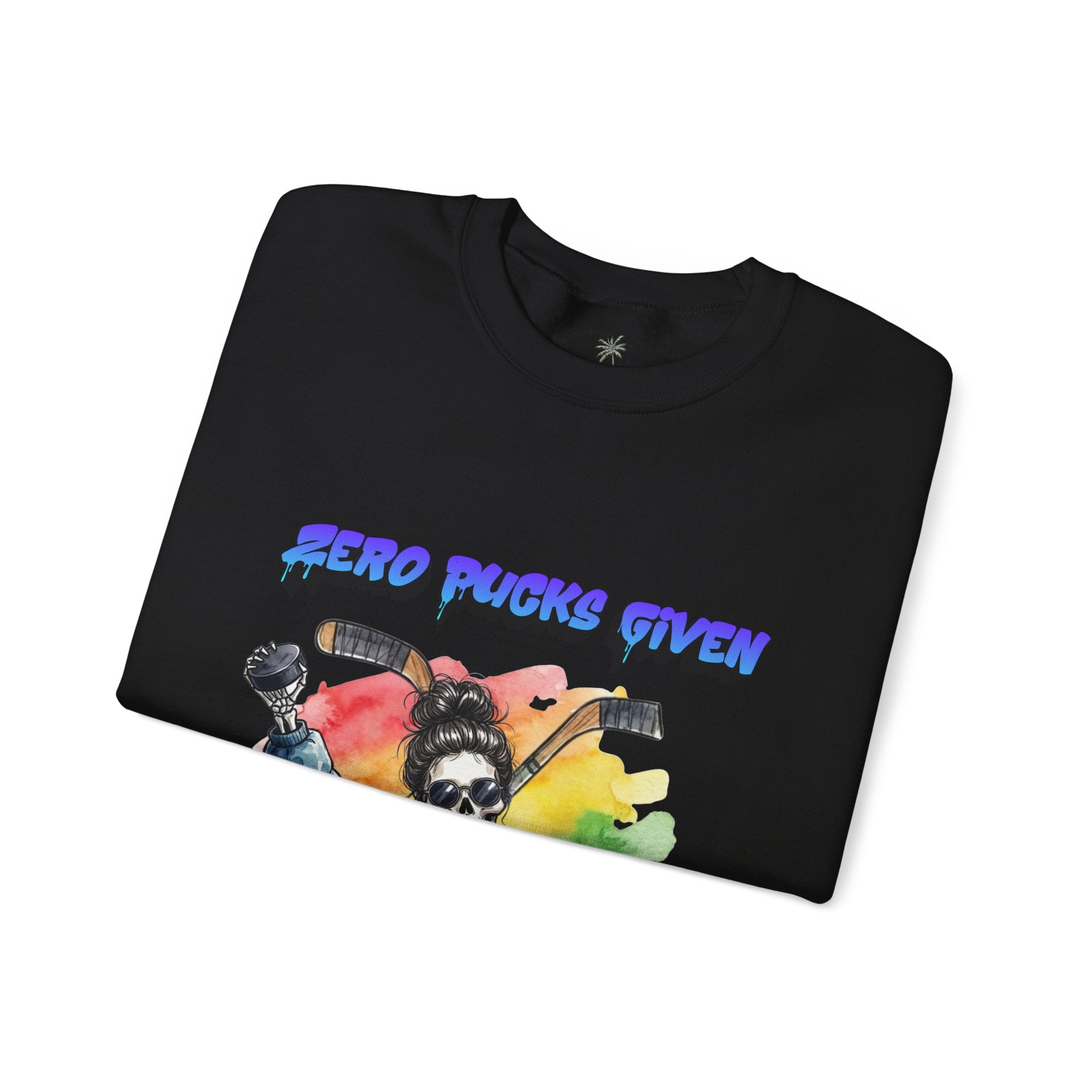 Zero Pucks Given Skeleton Hockey Player Crewneck sweatshirt | Rainbow Graphic