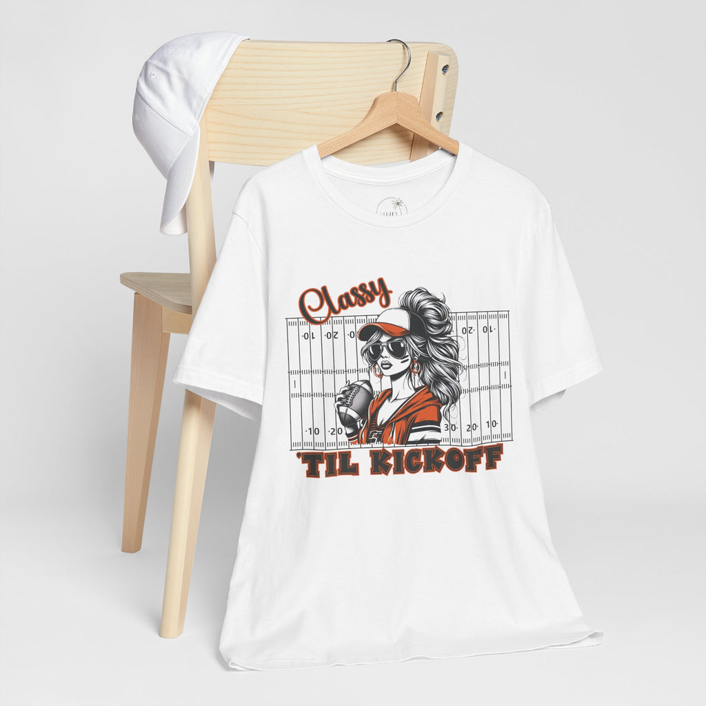 Classy Til Kickoff Football T-Shirt | Womens Game Day Tee | Cute Football Mom Shirt | Tailgate Outfit Fall Sports Fan Gift