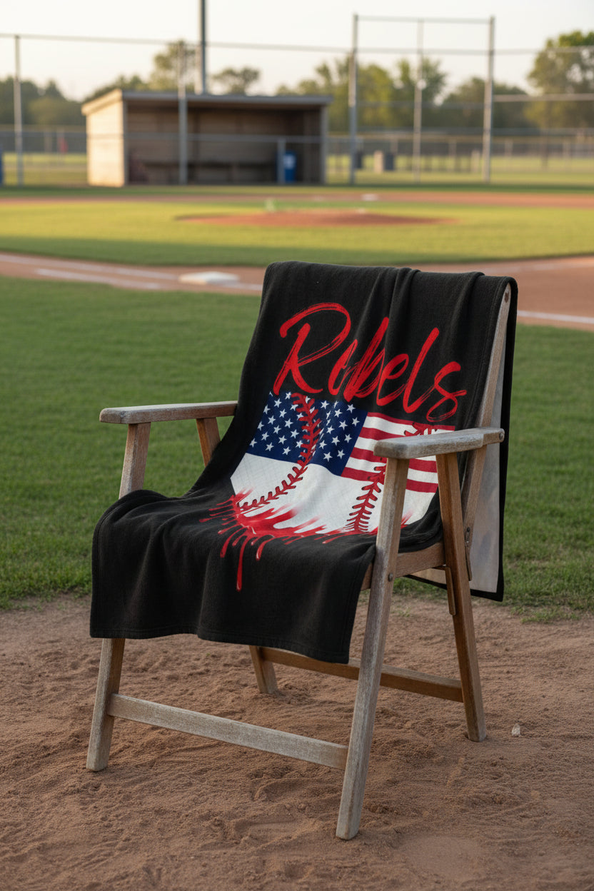 Rebels Baseball Velveteen Plush Blanket – American Flag Heart Stitch Design