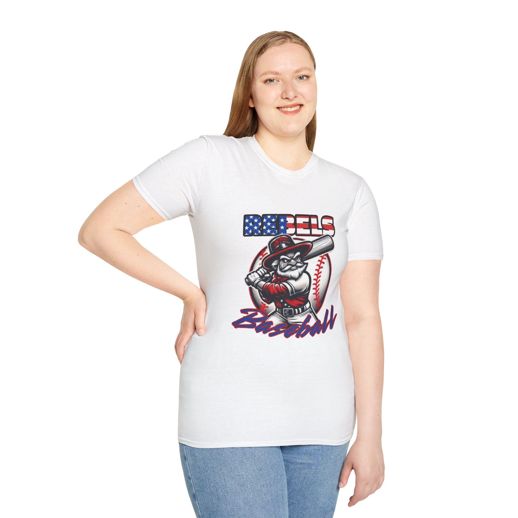 Rebels Baseball T-Shirt | Mascot Batter with American Flag Text