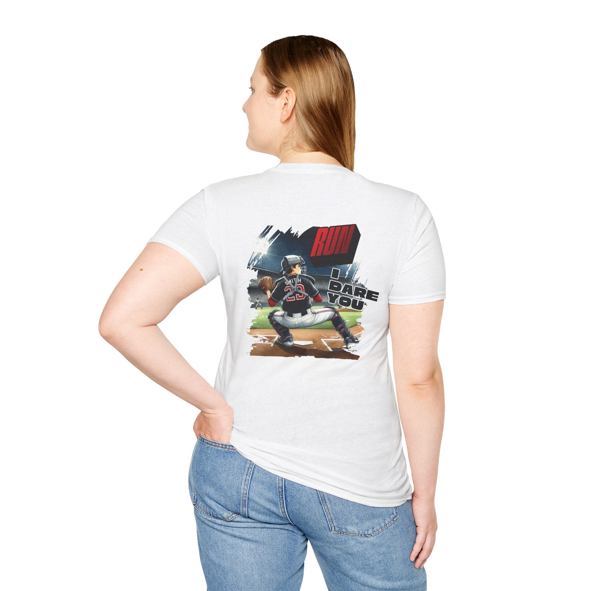 Run I Dare You' Back Graphic Baseball Runner T-Shirt Youth Player Illustration