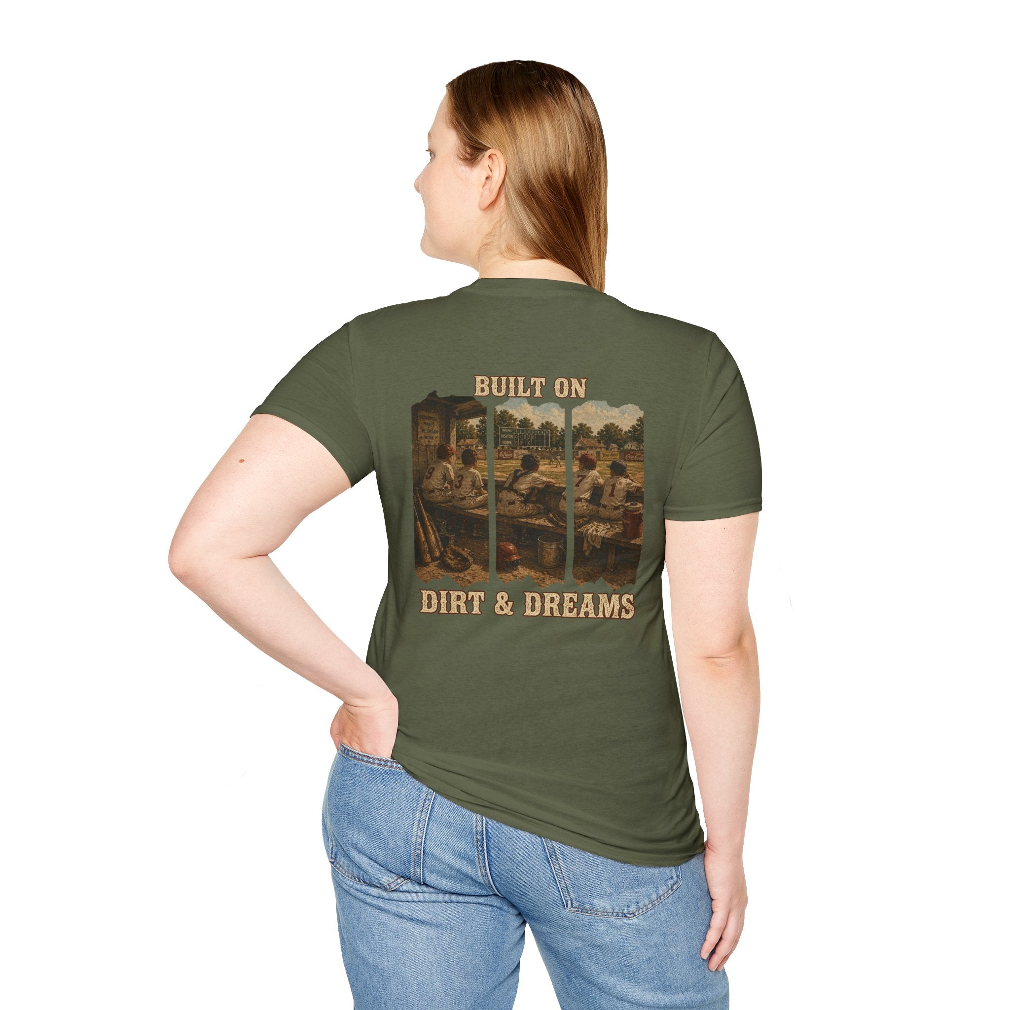 Vintage Baseball Shirt Built on Dirt and Dreams, Nostalgic Baseball Graphic Tee, Classic Fan Shirt, Dugout Scene Tee, Game Day Shirt