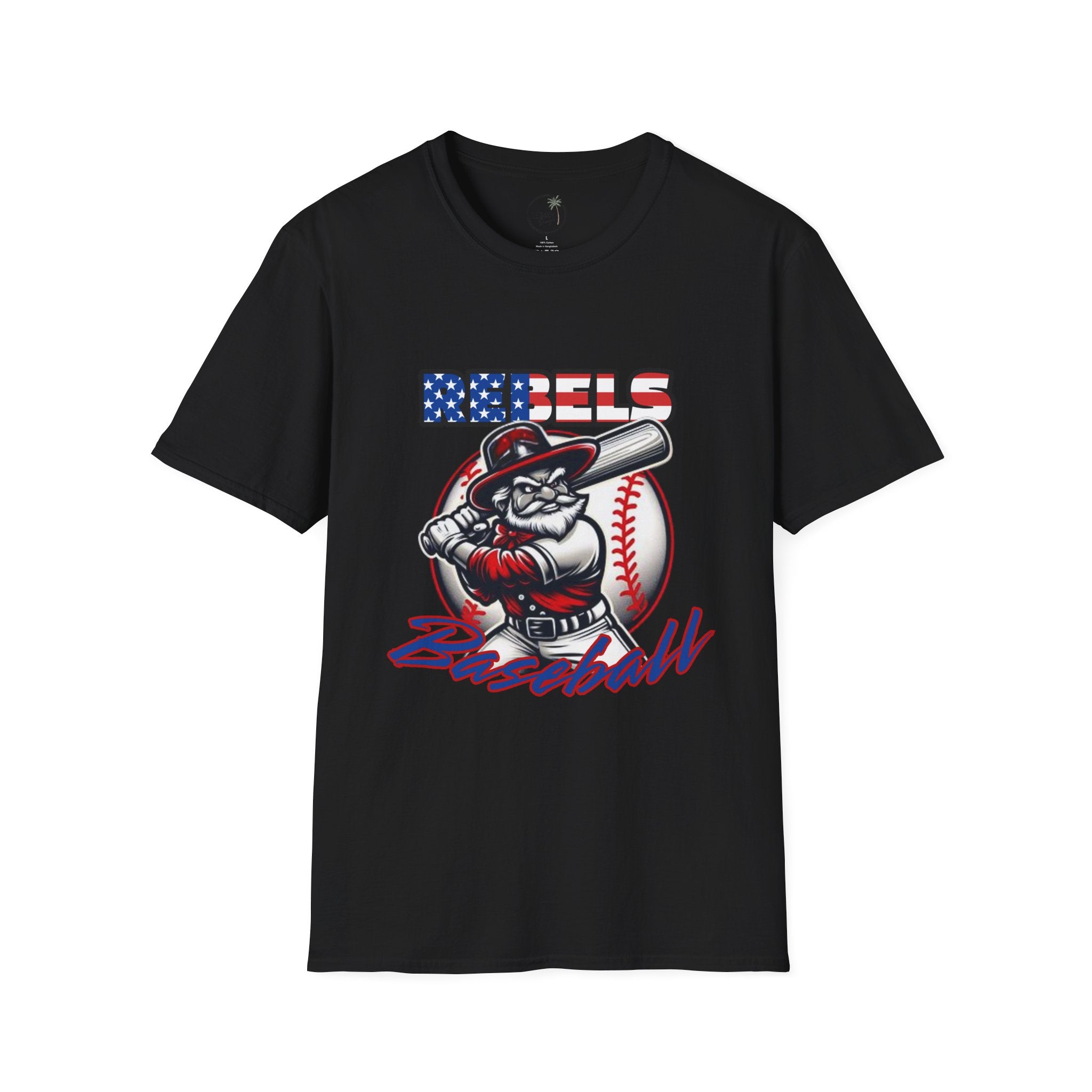Rebels Baseball T-Shirt | Mascot Batter with American Flag Text