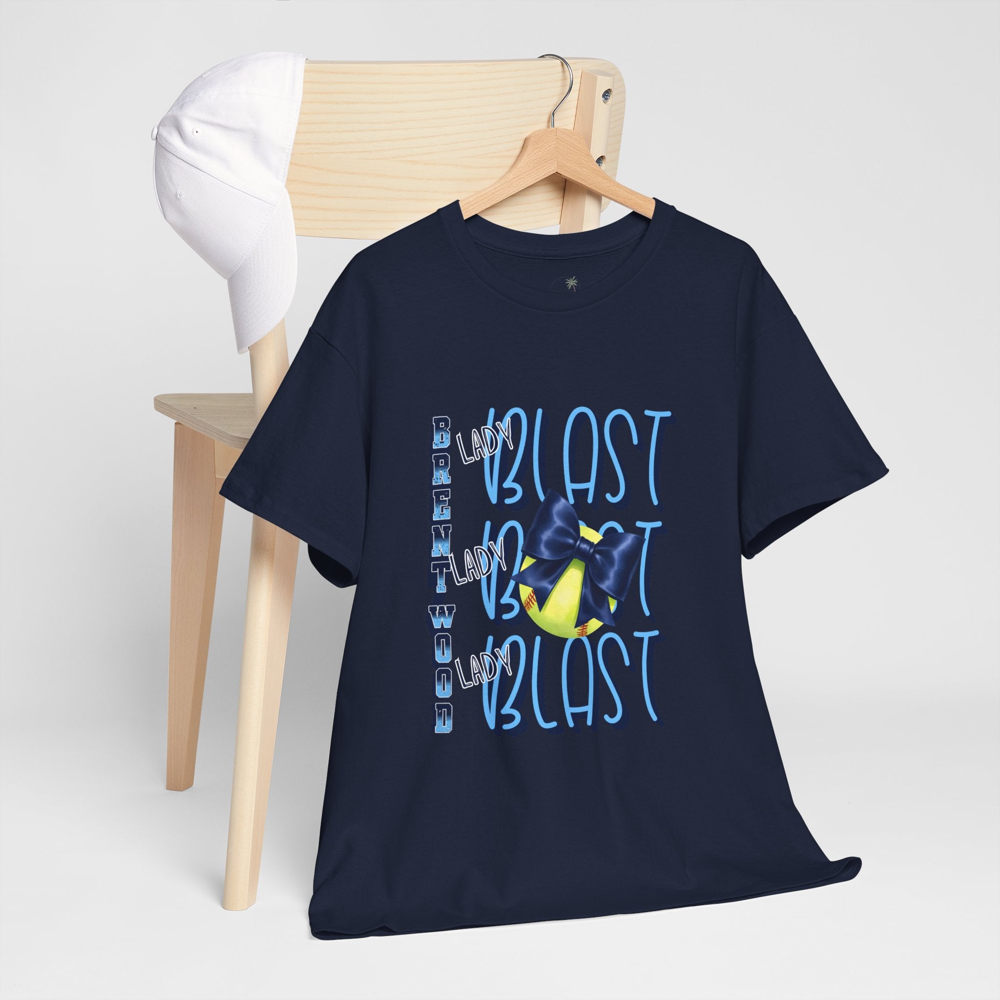 Brentwood Blast Softball Graphic Tee | Retro Camera Illustration, Blue Yellow Typography