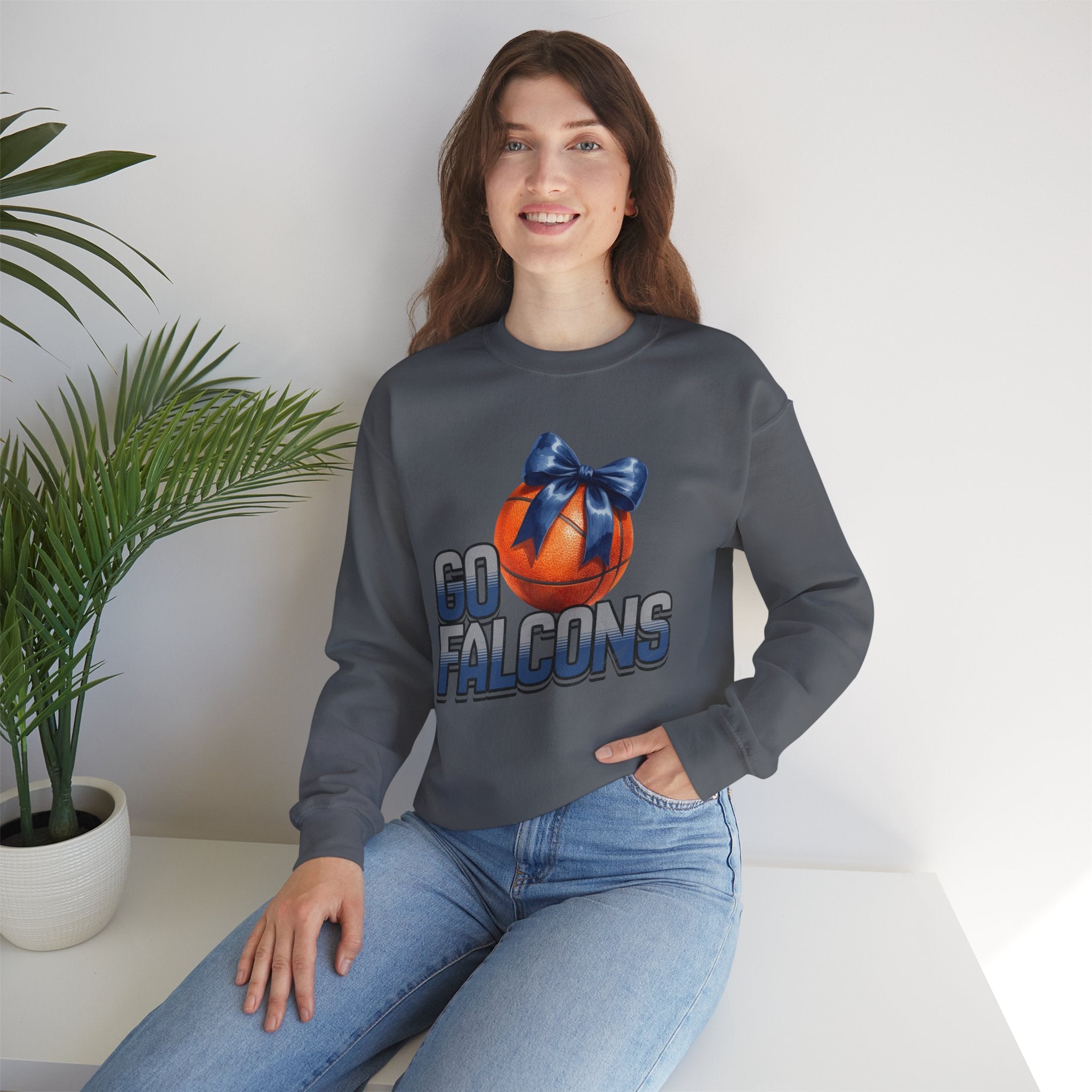 Go Falcons Basketball with Blue Bow Sweatshirt | Team Spirit Crewneck