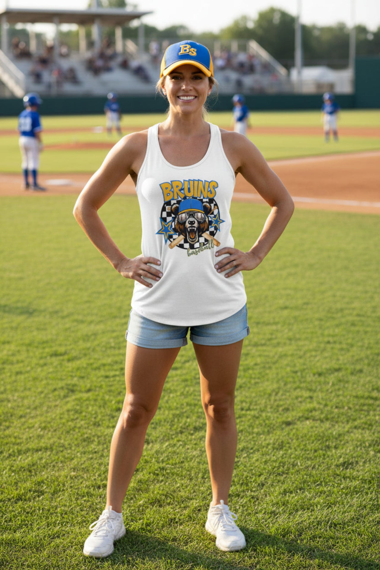 Bruins Baseball Checkered background Women's Ideal Racerback Tank
