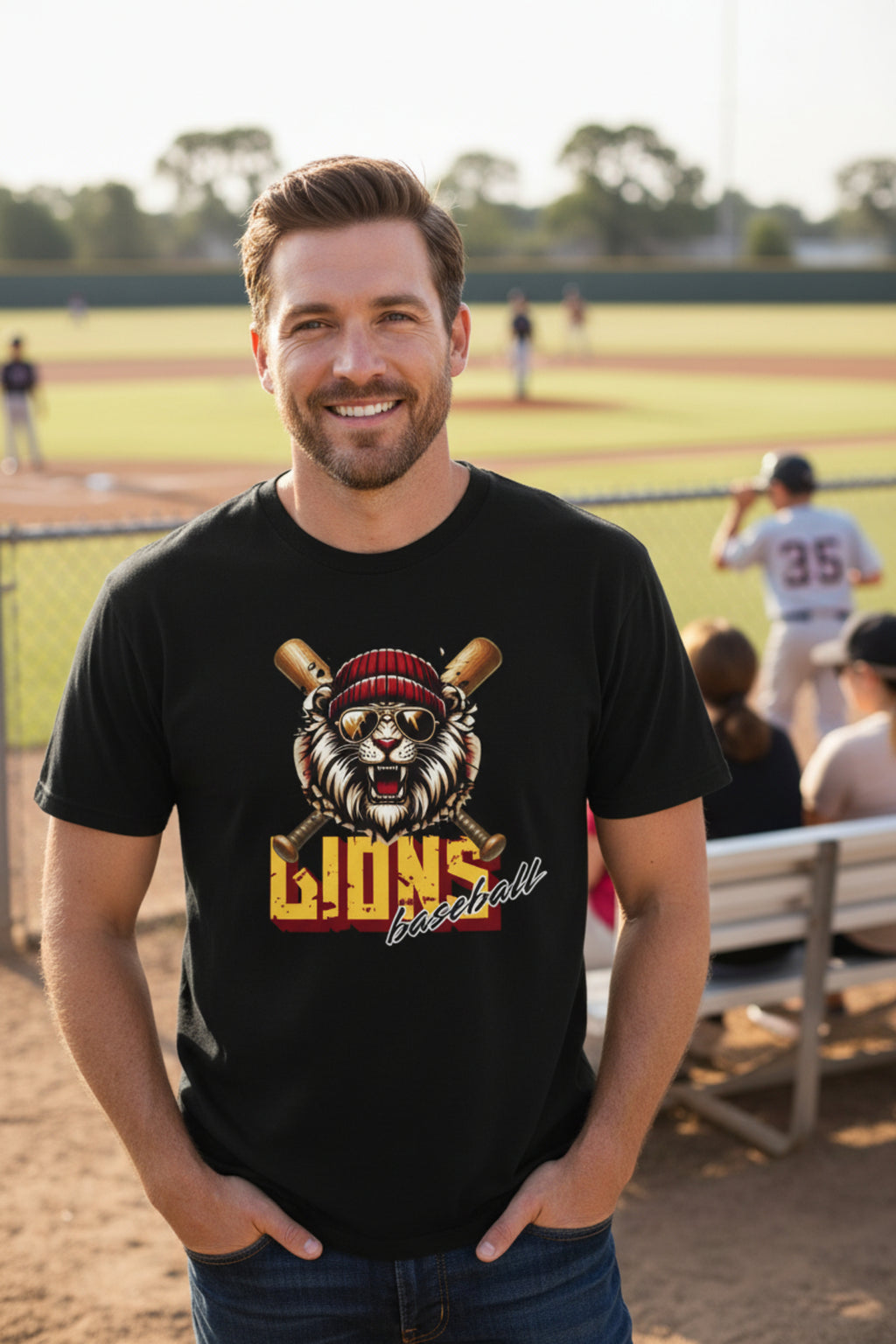 Lions Baseball Tee — Fierce Lion Mascot with Bats
