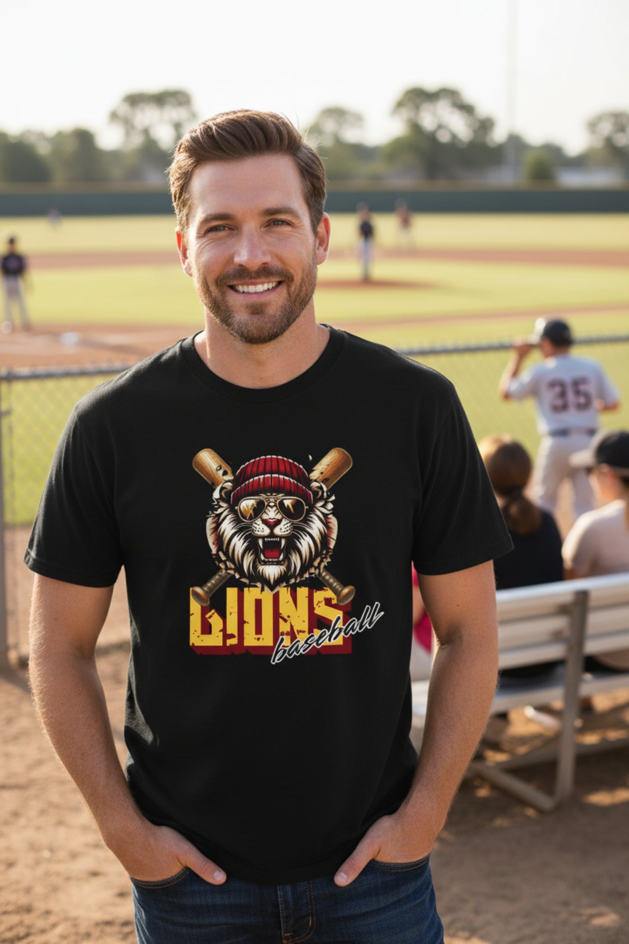 Lions Baseball Tee — Fierce Lion Mascot with Bats