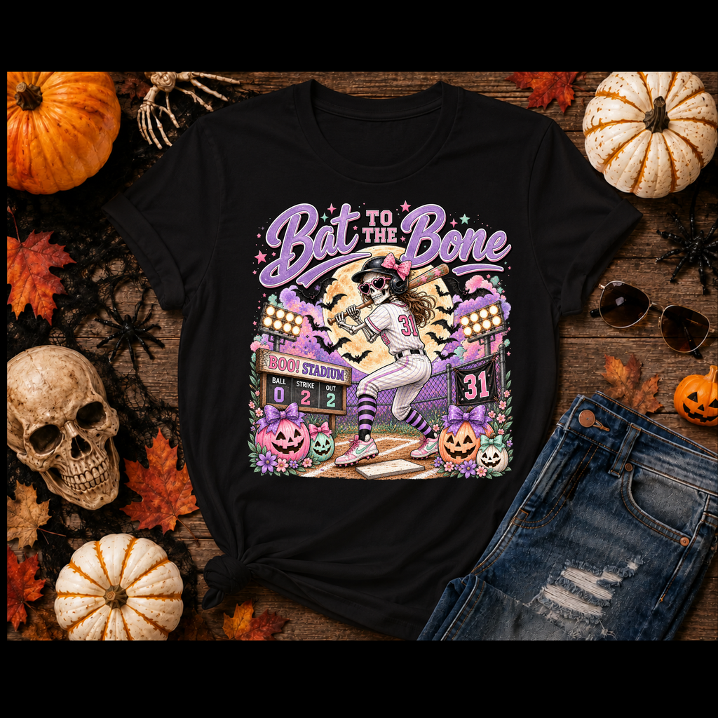 Bat to the Bone Halloween Softball Tee | Vintage Pumpkins