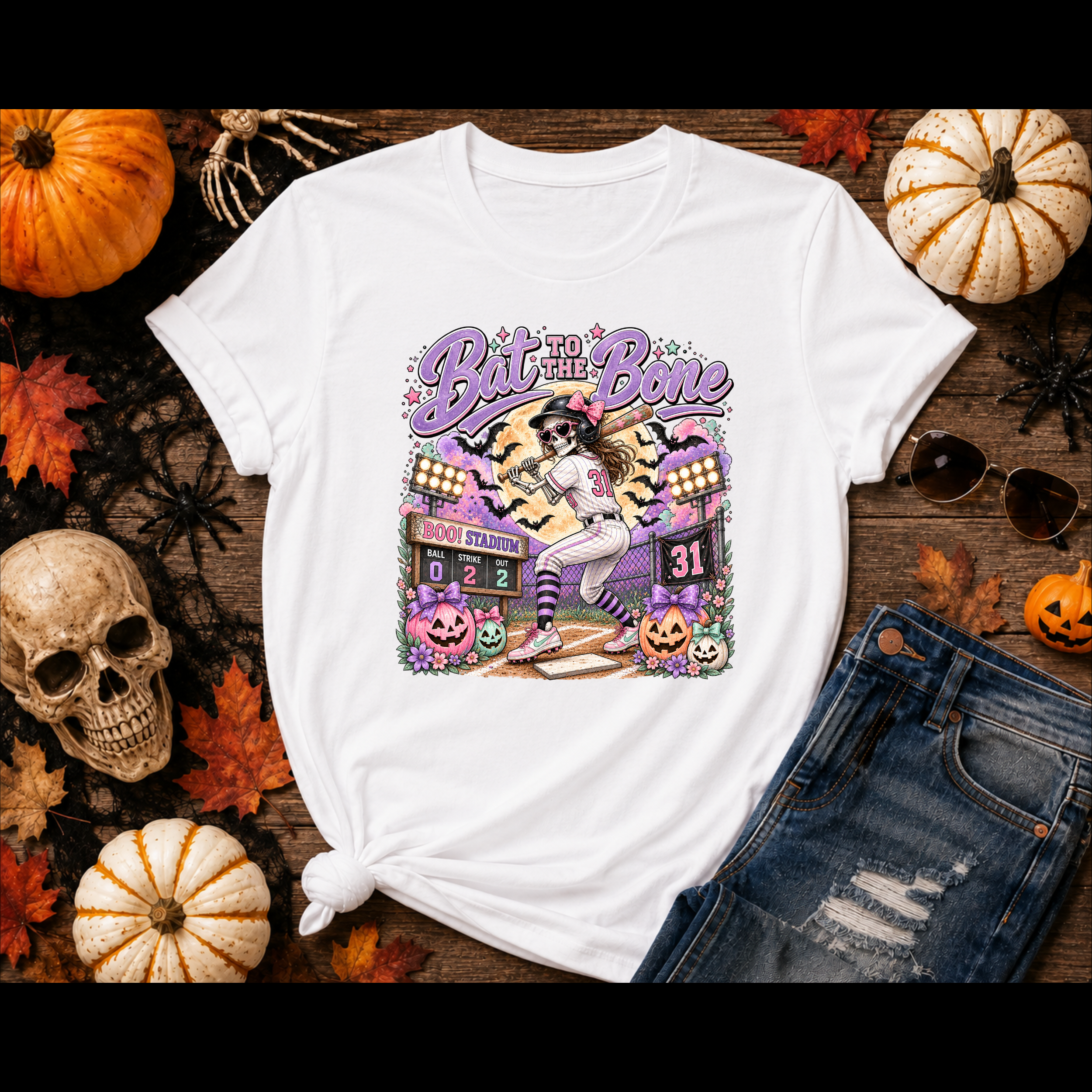 Bat to the Bone Halloween Softball Tee | Vintage Pumpkins