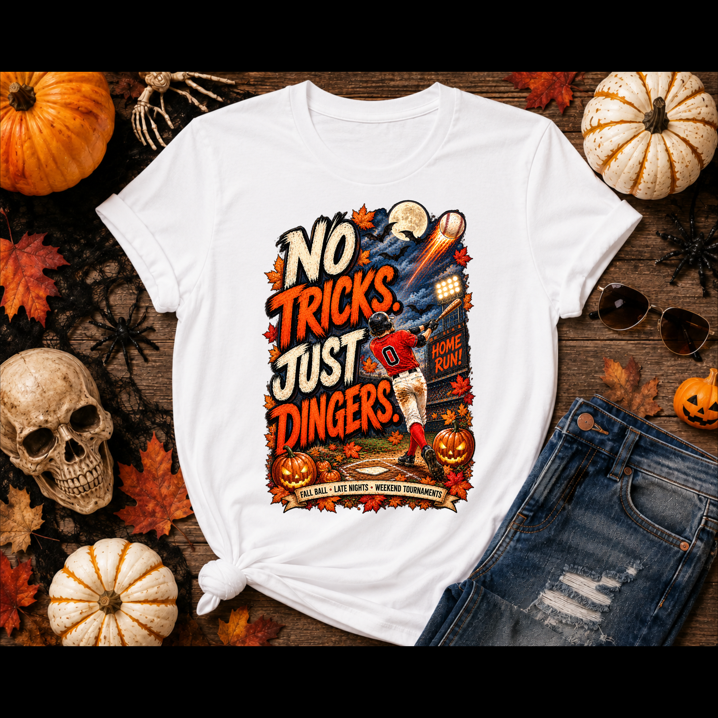 No Tricks Just Dingers T-Shirt | Halloween Baseball Pumpkin Moon Retro