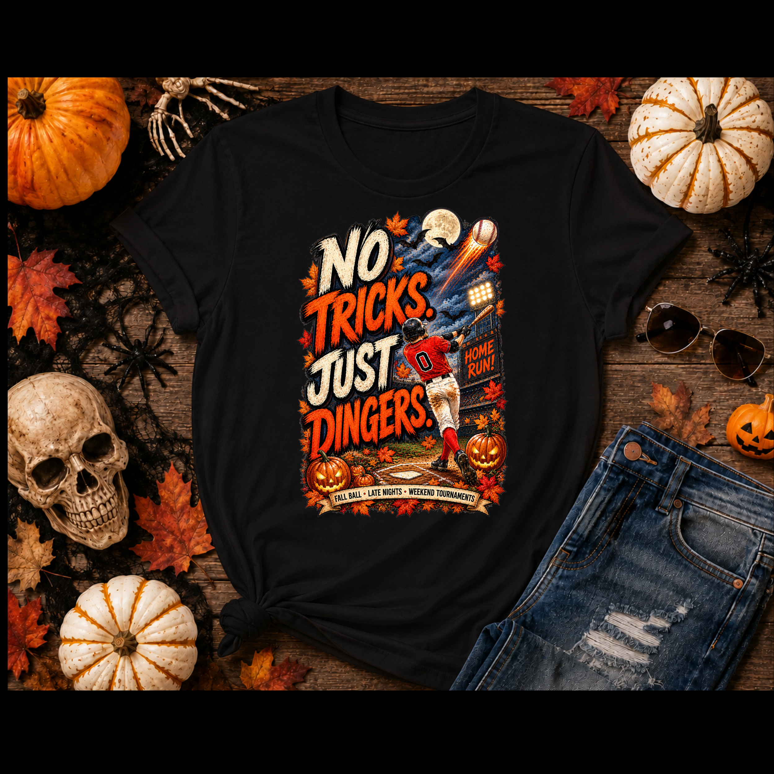 No Tricks Just Dingers T-Shirt | Halloween Baseball Pumpkin Moon Retro