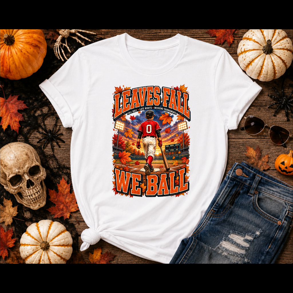 Leaves Fall We Ball Baseball Player T-Shirt | Autumn Sports Graphic