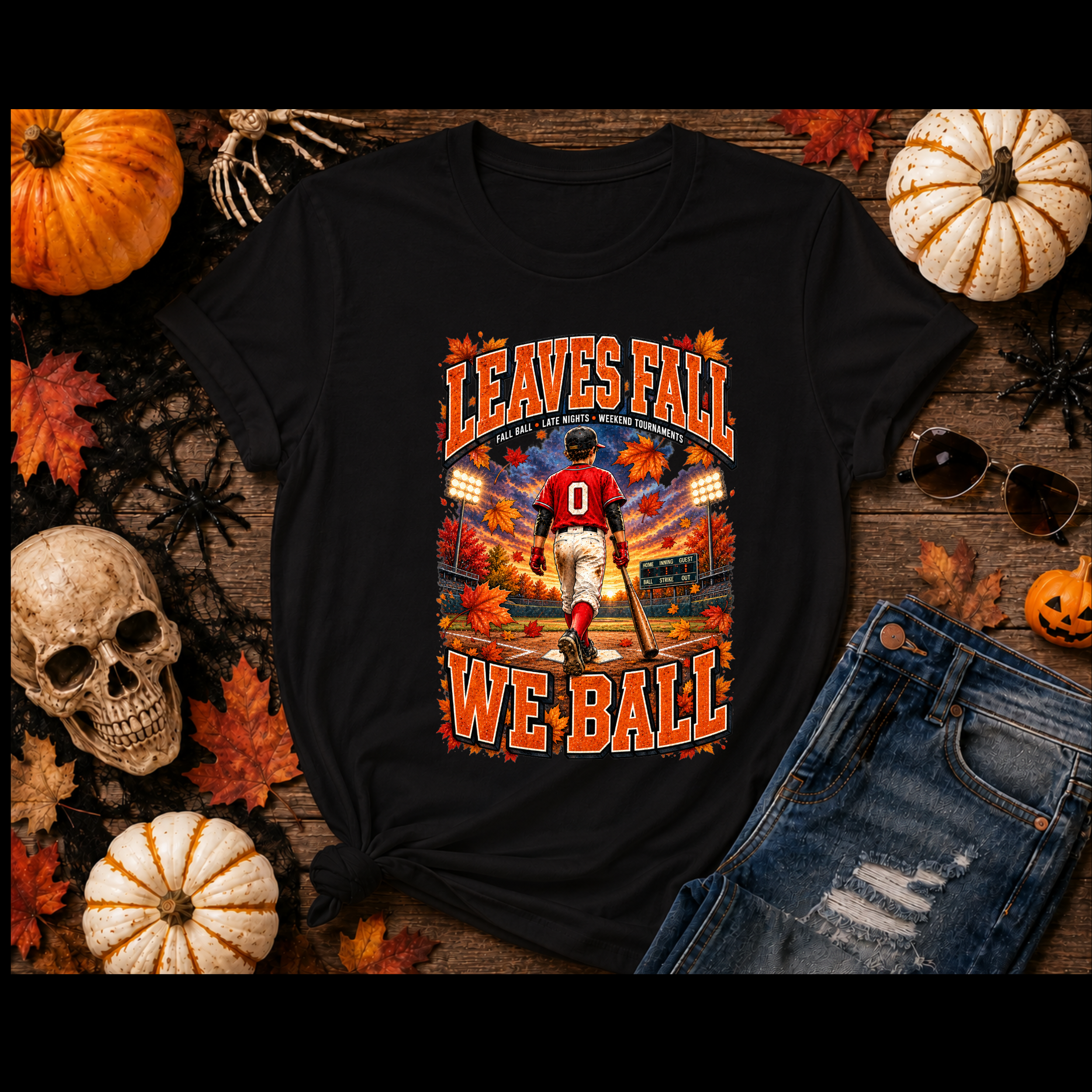 Leaves Fall Baseball Player T-Shirt | Autumn Sports Graphic