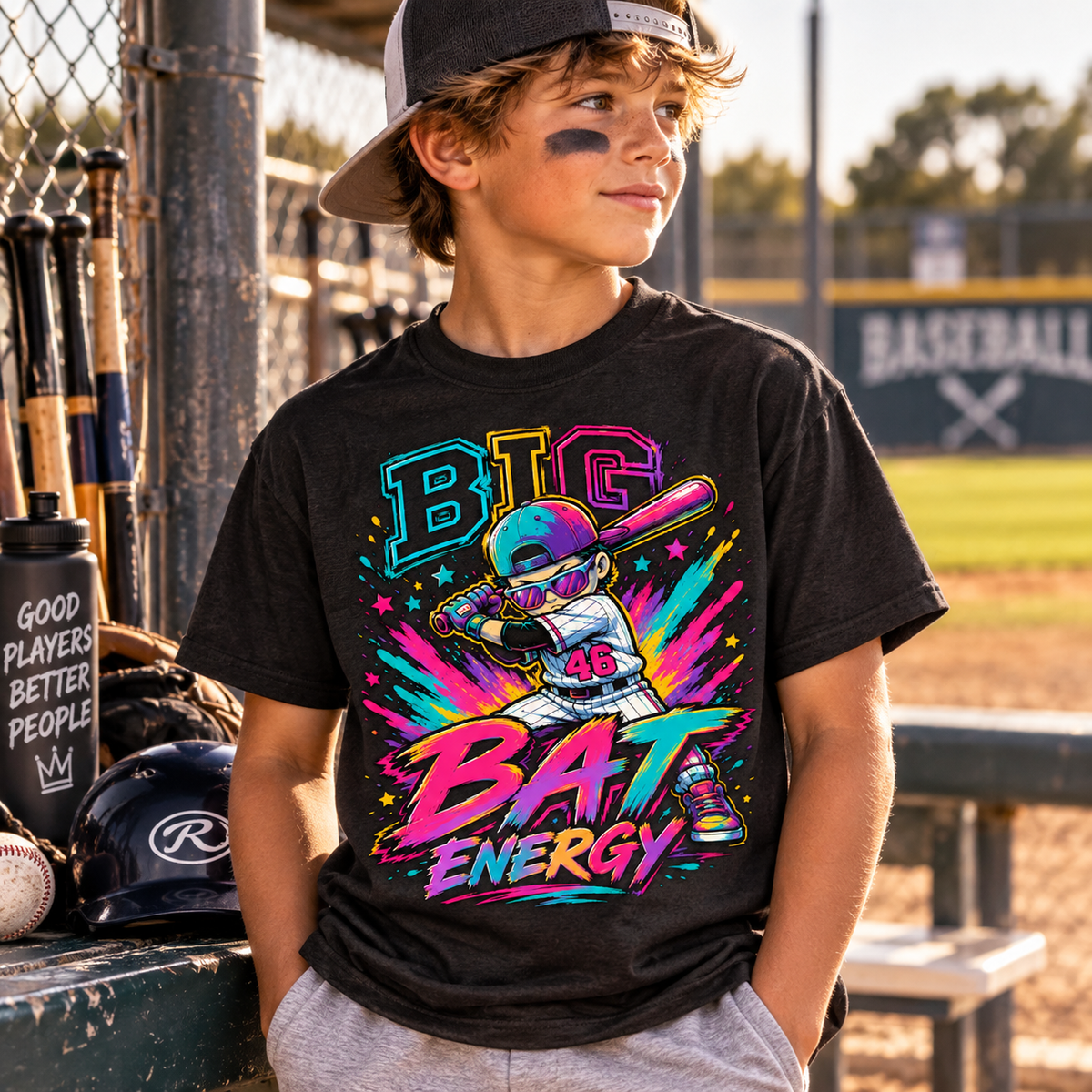 Big Bat Energy Kids Tee | Neon Baseball Bat Graphic, Youth Sport Shirt