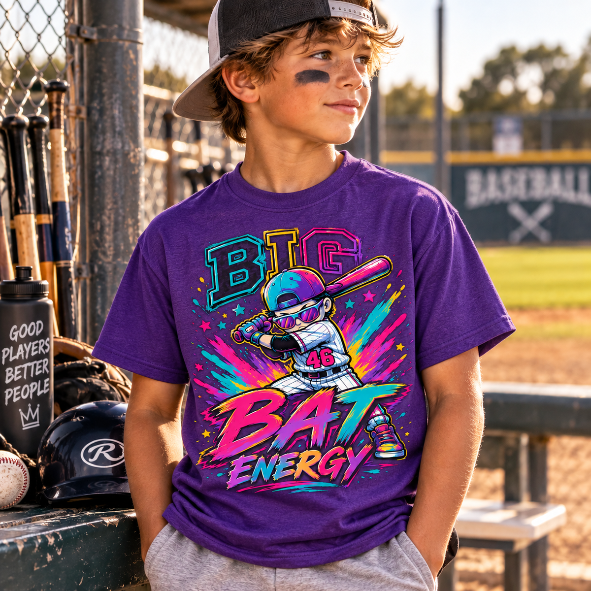 Big Bat Energy Kids Tee | Neon Baseball Bat Graphic, Youth Sport Shirt