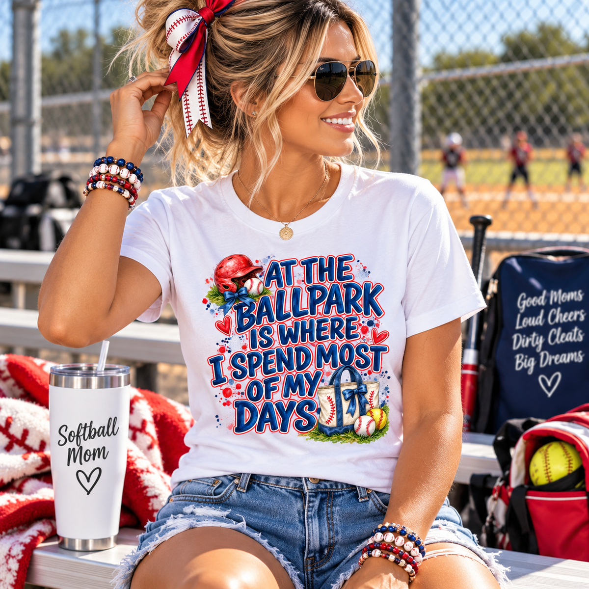 At the Ballpark Is Where I Spend Most of My Days T-Shirt | Baseball Helmet & Glove Design