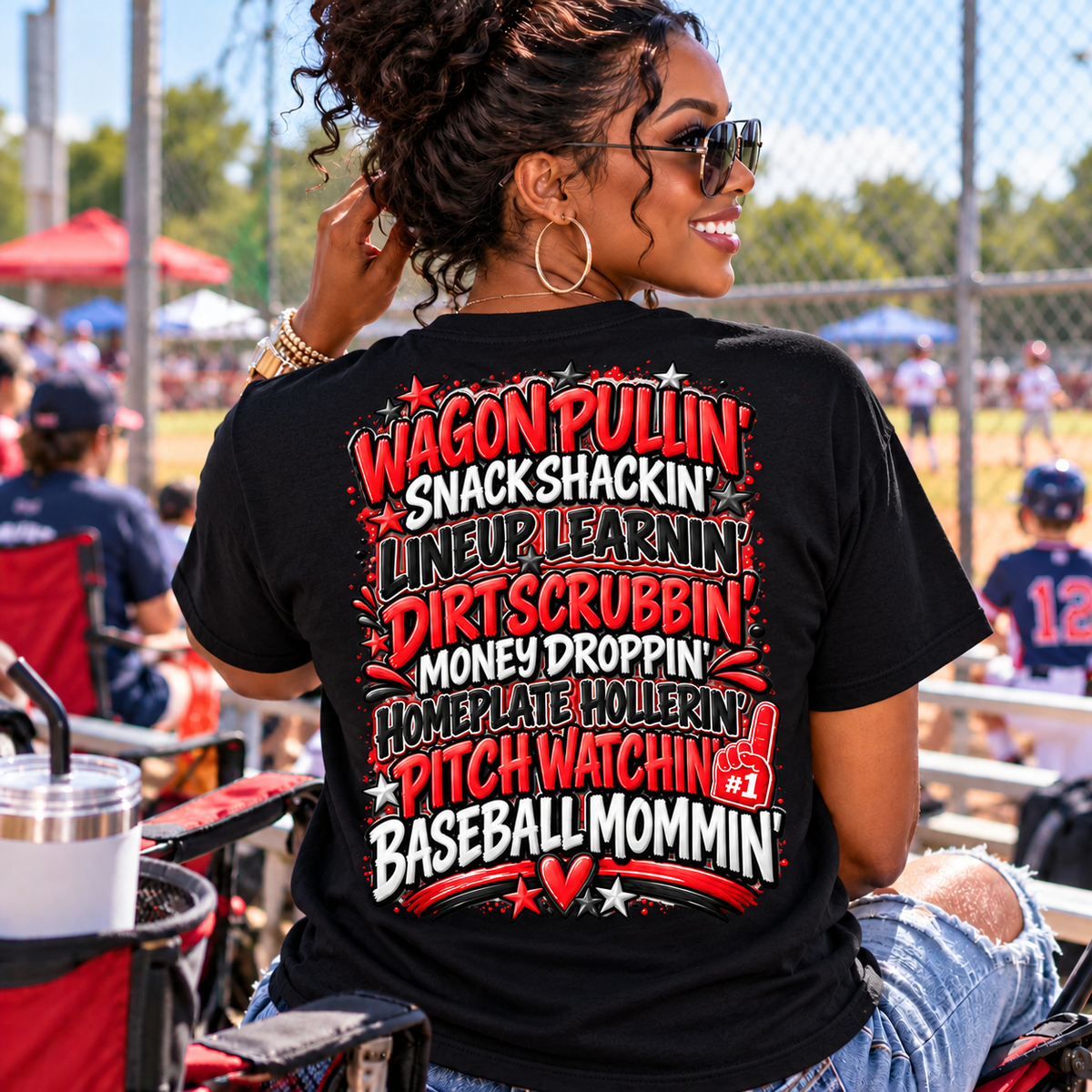 Baseball Mom Typography Game Day T-Shirt | Back List of Mom Duties, Front Baseball Graphic