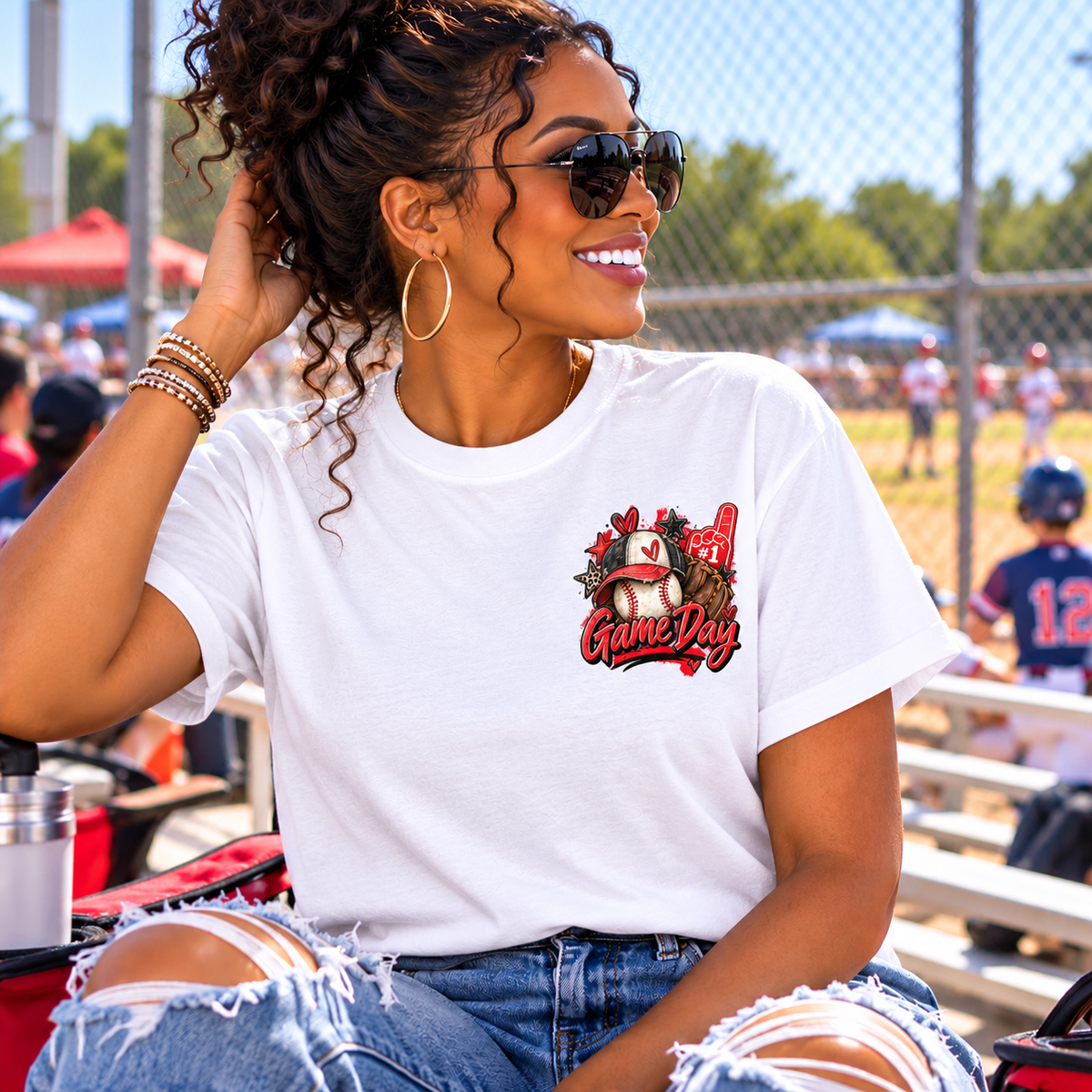 Baseball Mom Typography Game Day T-Shirt | Back List of Mom Duties, Front Baseball Graphic