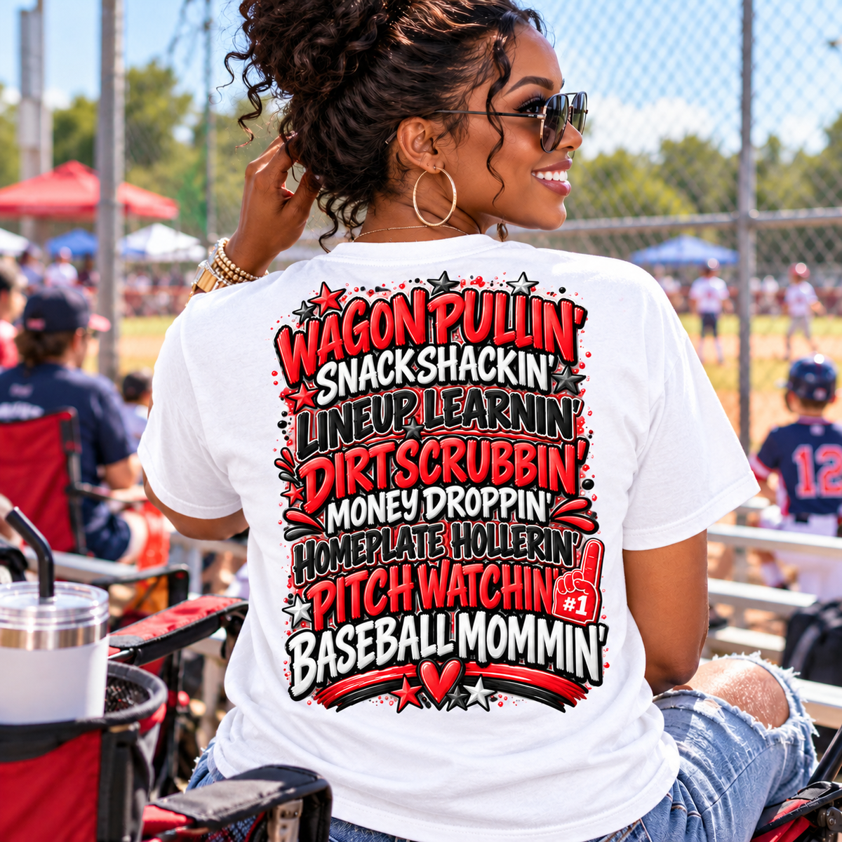 Baseball Mom Typography Game Day T-Shirt | Back List of Mom Duties, Front Baseball Graphic