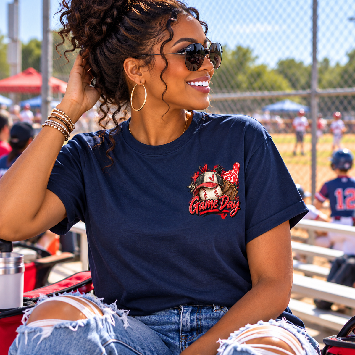 Baseball Mom Typography Game Day T-Shirt | Back List of Mom Duties, Front Baseball Graphic