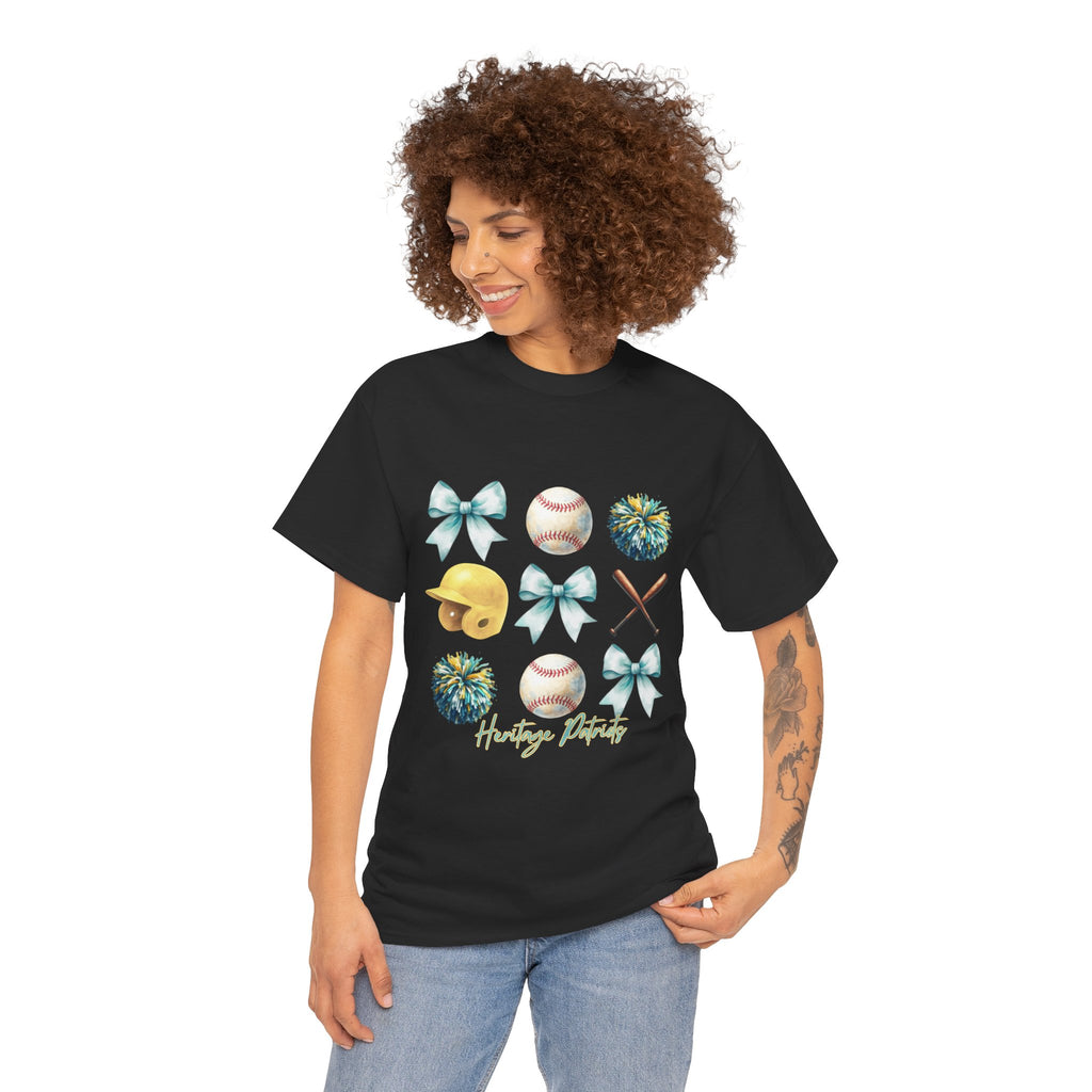 Heritage Baseball Grid with Bows Tee | Helmet, Bat, Ball, Pom Poms