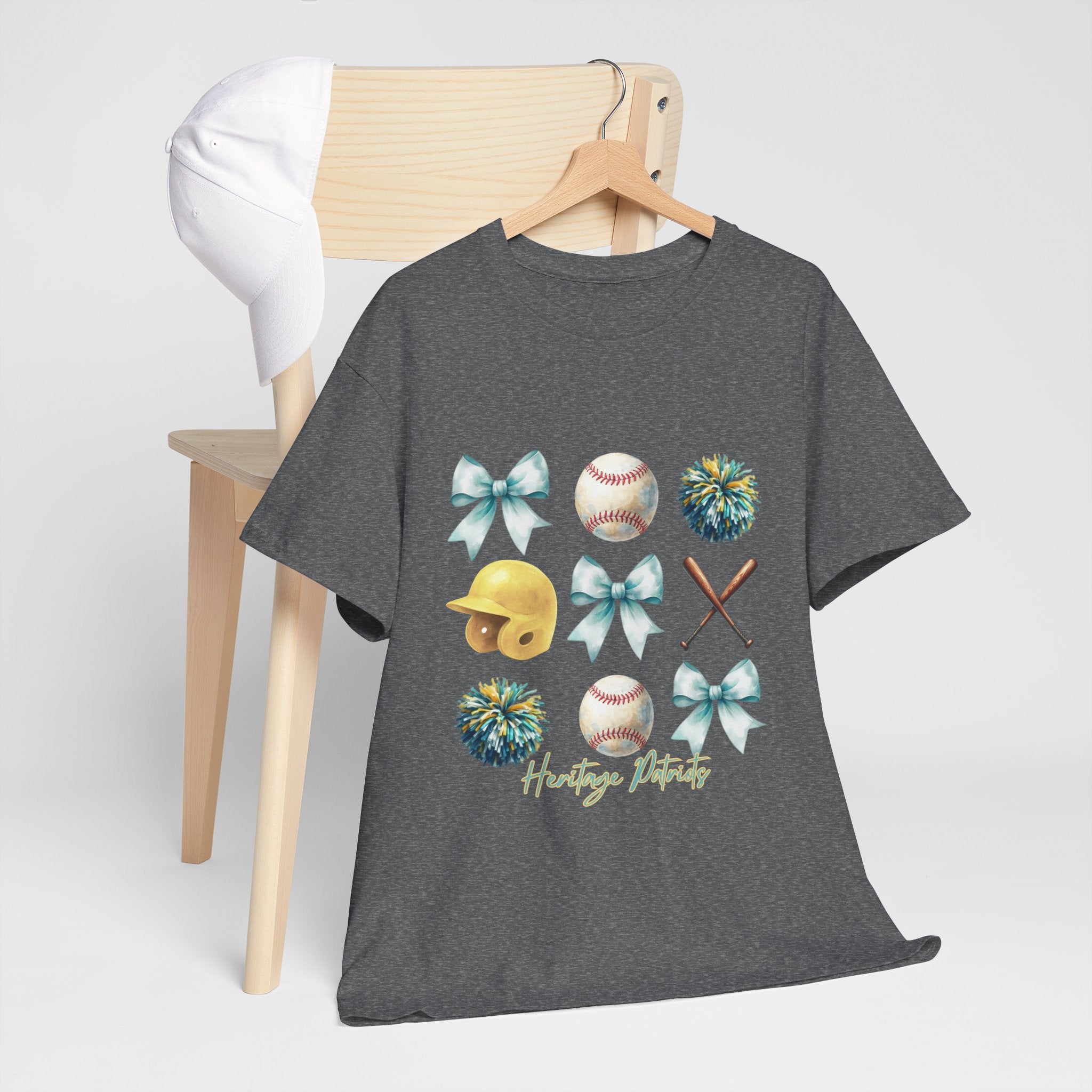 Heritage Baseball Grid with Bows Tee | Helmet, Bat, Ball, Pom Poms