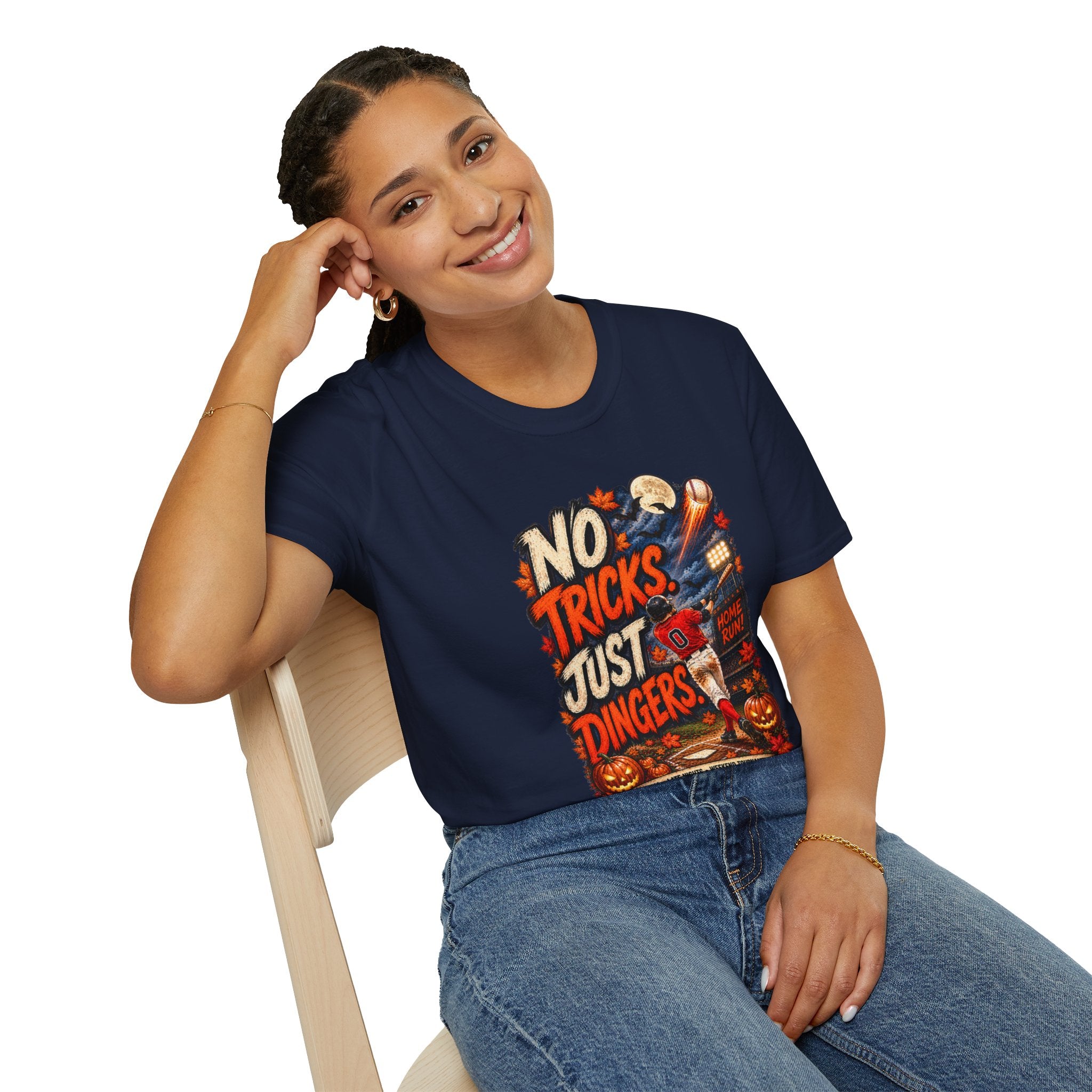 No Tricks Just Dingers T-Shirt | Halloween Baseball Pumpkin Moon Retro