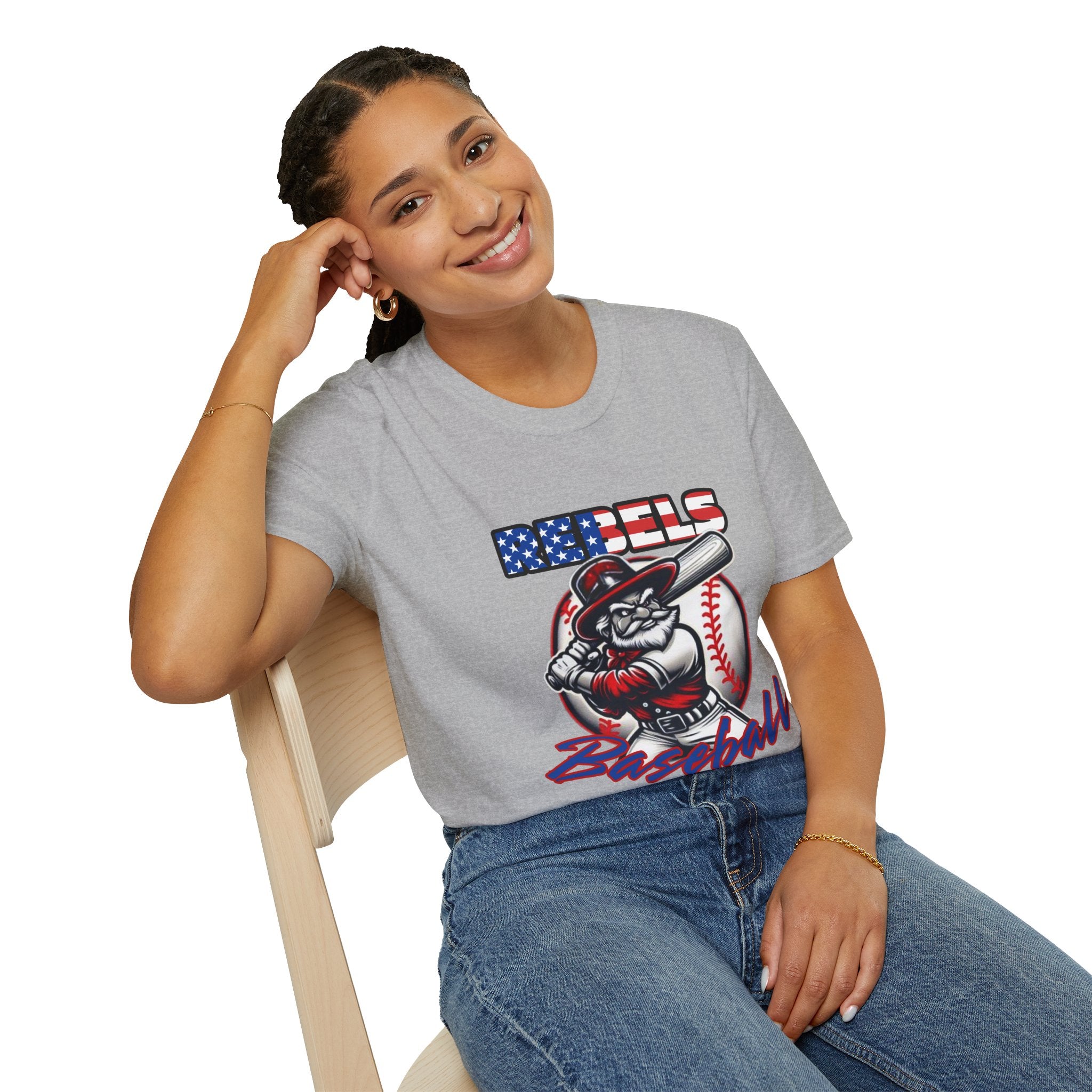 Rebels Baseball T-Shirt | Mascot Batter with American Flag Text
