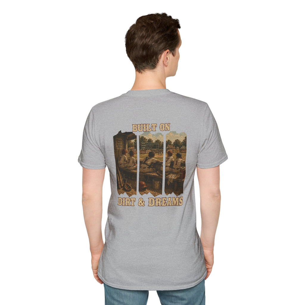 Vintage Baseball Shirt Built on Dirt and Dreams, Nostalgic Baseball Graphic Tee, Classic Fan Shirt, Dugout Scene Tee, Game Day Shirt