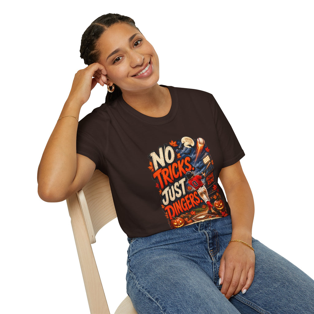 No Tricks Just Dingers T-Shirt | Halloween Baseball Pumpkin Moon Retro
