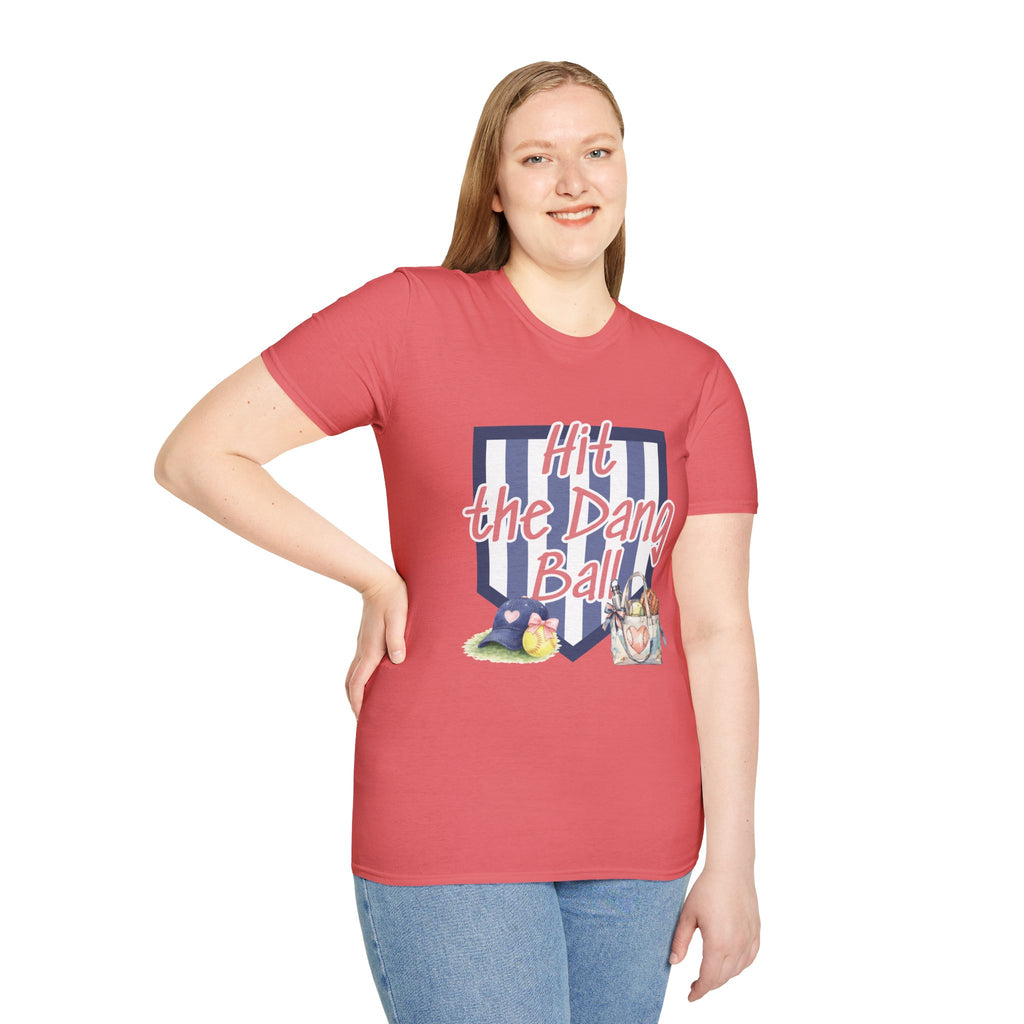 Preppy Hit the Dang Ball T-Shirt | Girly Baseball Graphic, Glove and Helmet Illustration