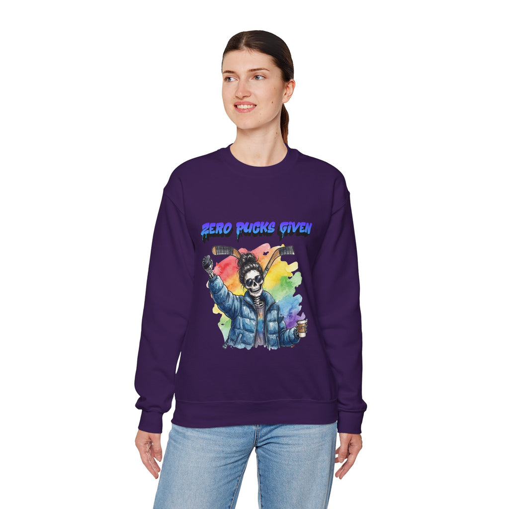 Zero Pucks Given Skeleton Hockey Player Crewneck sweatshirt | Rainbow Graphic