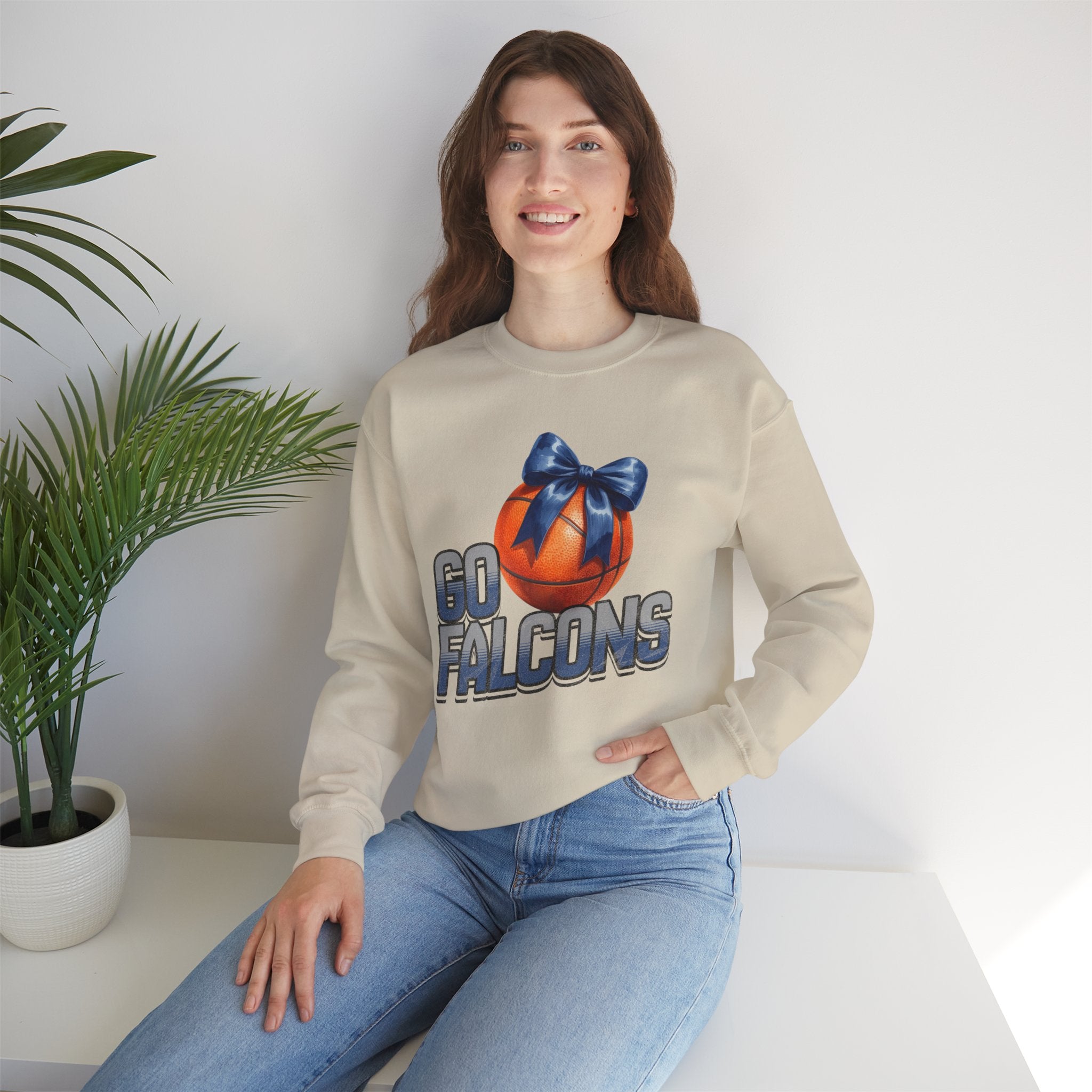 Go Falcons Basketball with Blue Bow Sweatshirt | Team Spirit Crewneck